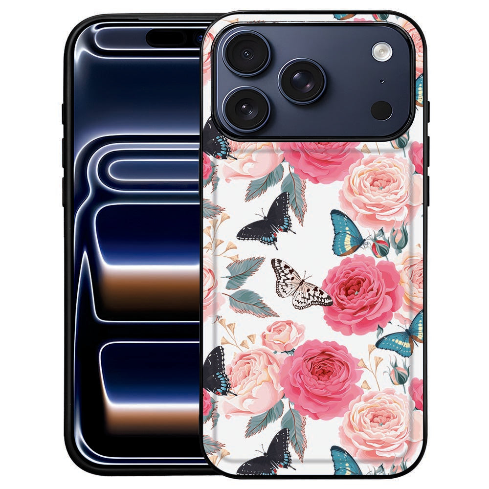 Butterfly Roses iPhone 18 Pro Max hoesje met roze rozen en vlinders op de kunstleren achterkant