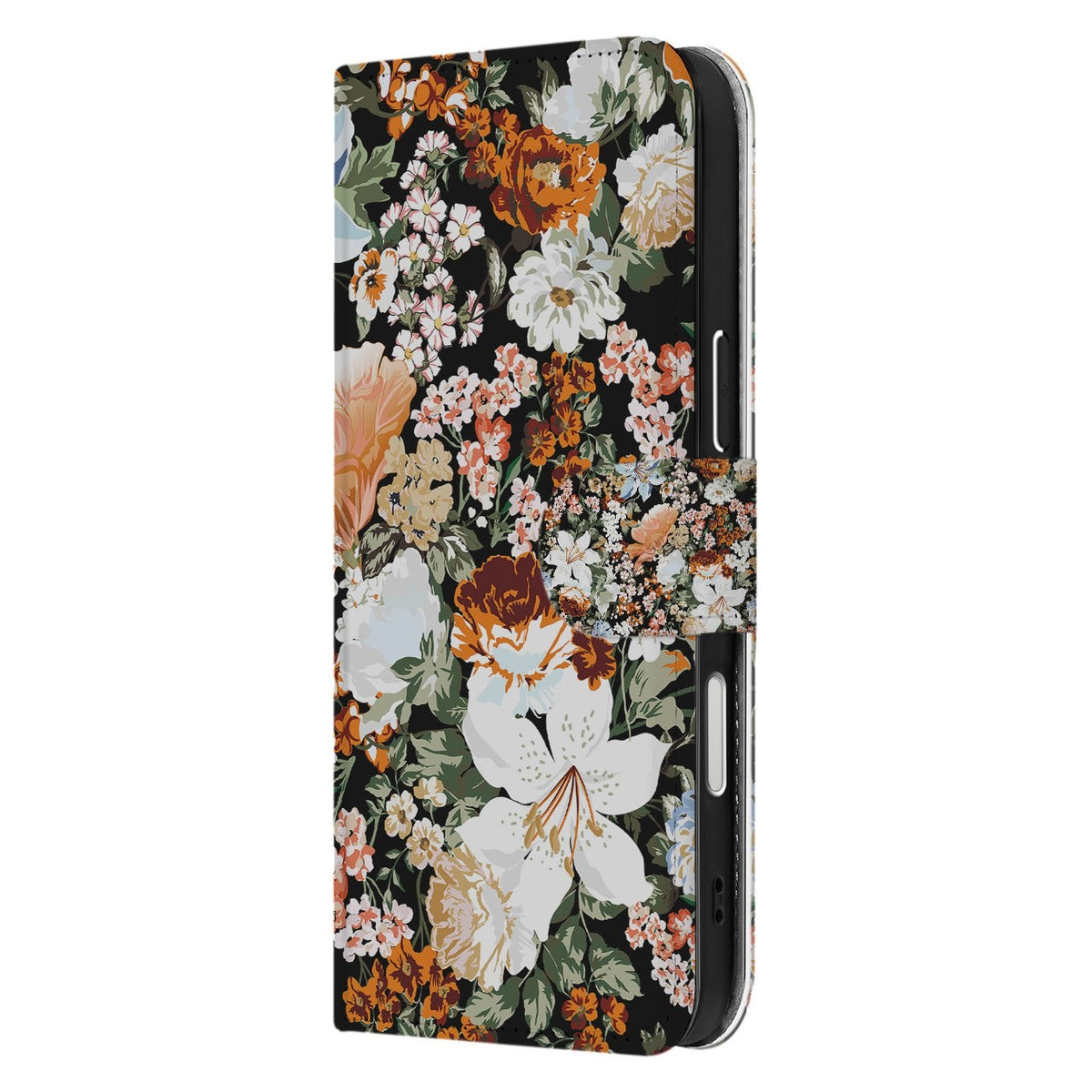 De zijkant van het Dark Flowers klaphoesje voor iPhone 18 Pro Max met sluitlip