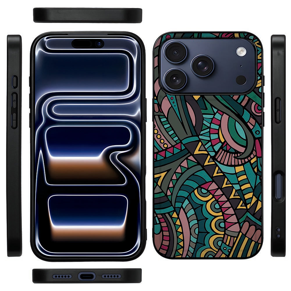 Zwarte rand van het Aztec hoesje voor iPhone 18 Pro Max gezien vanaf de zijkant