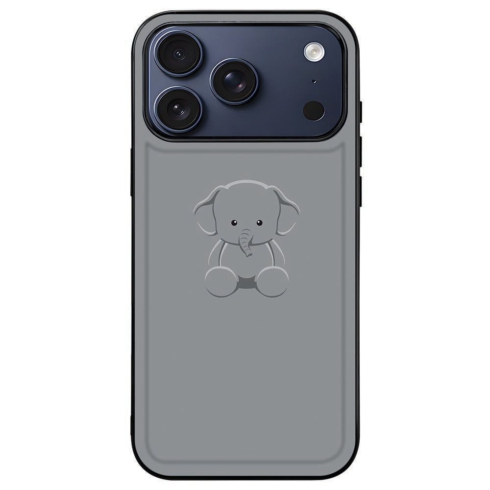 iPhone 18 Pro Max in het Baby Olifant hoesje, grijze illustratie in een zwart kader