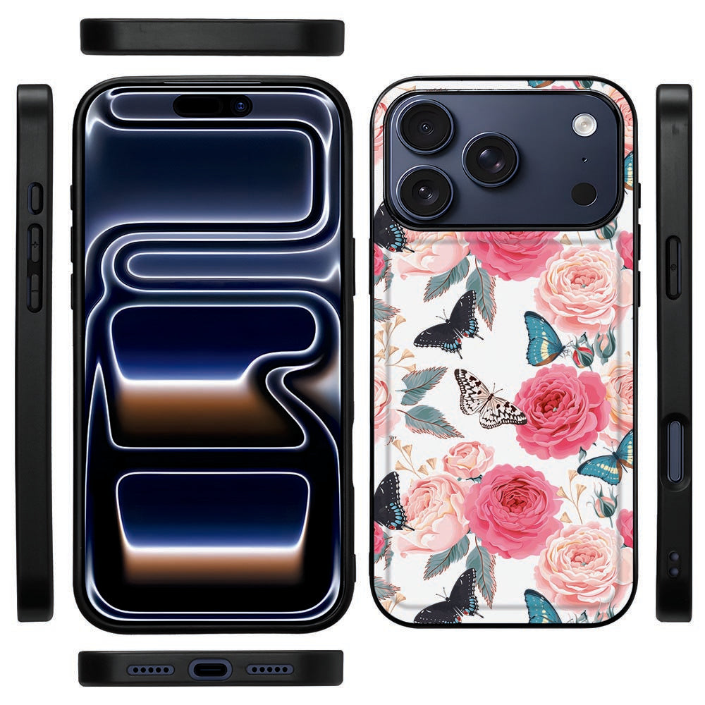 Zwarte TPU-rand van de iPhone 18 Pro Max back cover Butterfly Roses gezien vanaf de zijkant