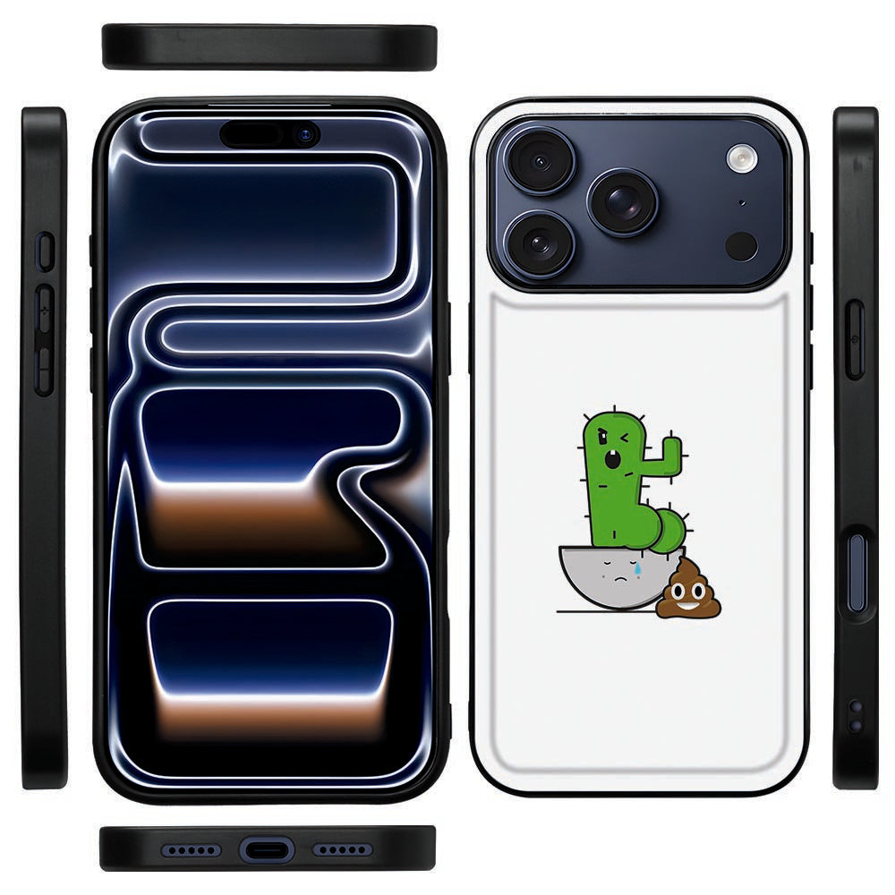 Zijaanzicht van het Cactus Poo hoesje voor iPhone 18 Pro Max met de zwarte TPU-rand rondom