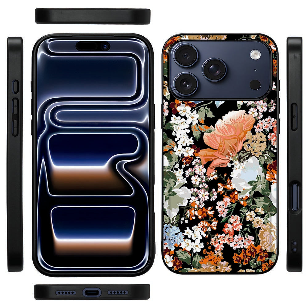 Zijaanzicht van het Dark Flowers hoesje voor iPhone 18 Pro Max met smalle zwarte TPU-rand