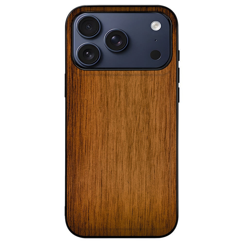 iPhone 18 Pro Max in het Donker Hout hoesje, houtlook achterkant met zwart kader
