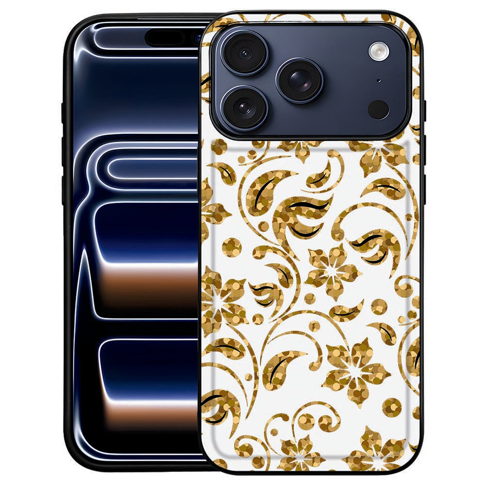 iPhone 18 Pro Max hoesje Gouden Bloemen, goudkleurig bloemenmotief op de kunstleren achterkant