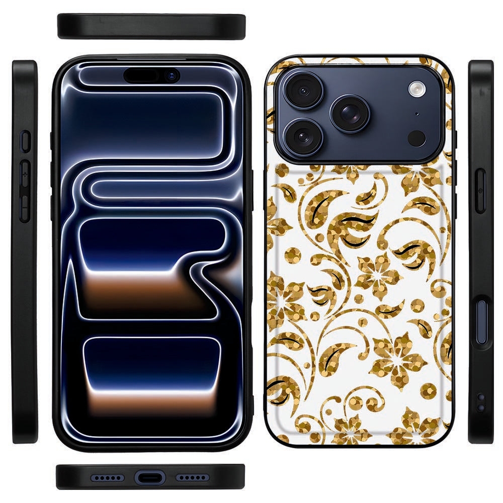Zijaanzicht van het Gouden Bloemen iPhone 18 Pro Max hoesje met zwarte TPU-rand