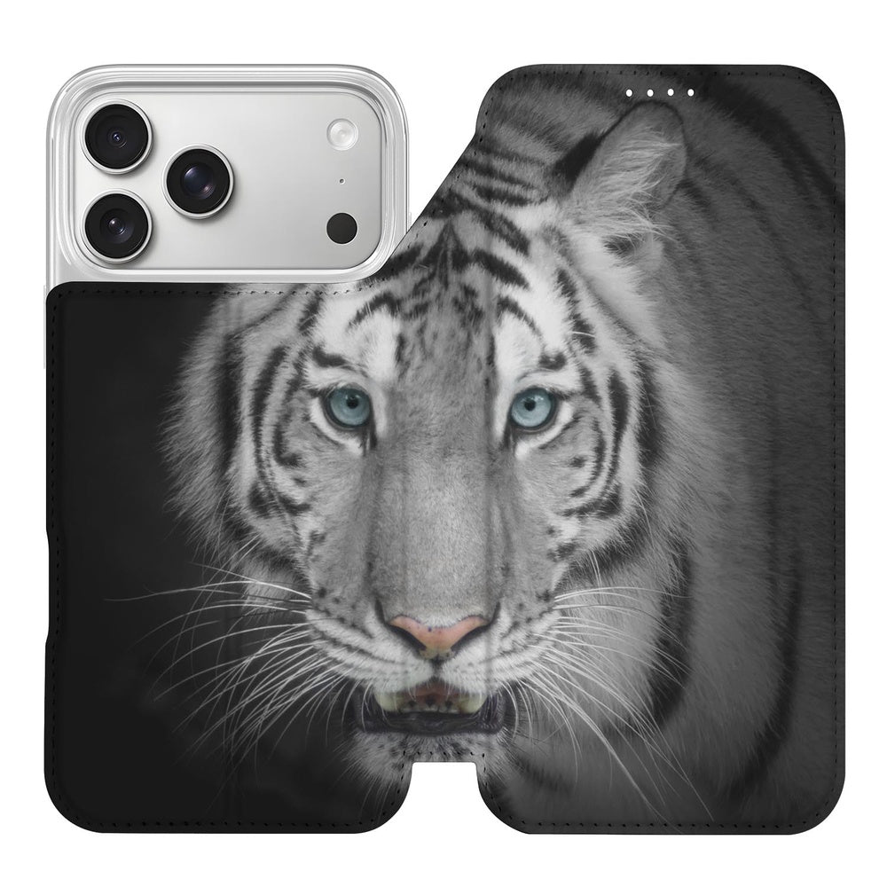 Telefoonhoesje Apple iPhone 18 Pro Max Tijger tijgerprint book case voorkant met witte tijger