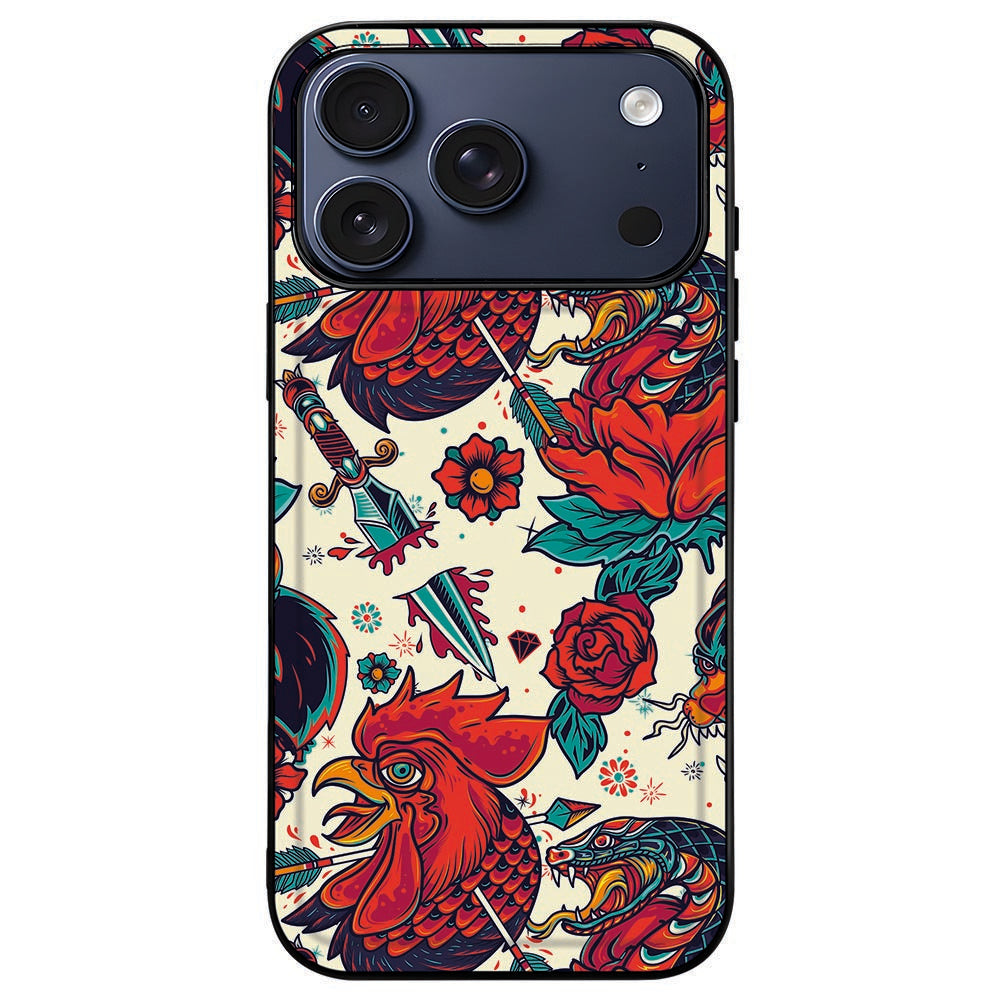 iPhone 18 Pro Max met Old Skool hoesje om, vintage kleurenprint in een zwart kader