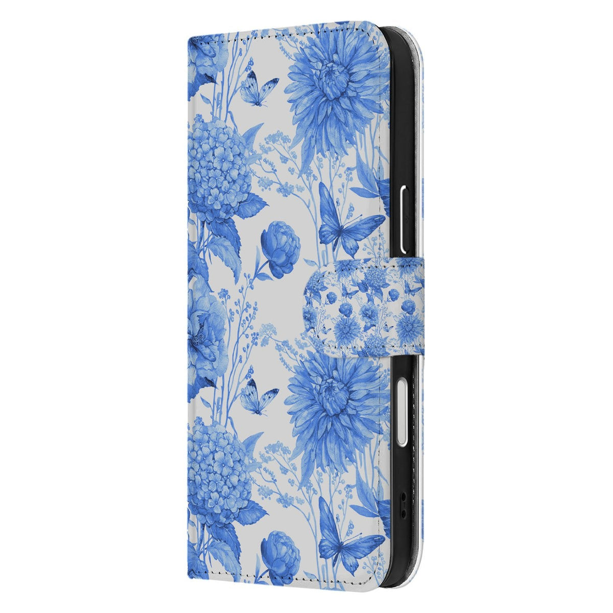 De zijkant van het Flowers Blue hoesje voor de iPhone 18 Pro Max met sluitlip en stiknaden