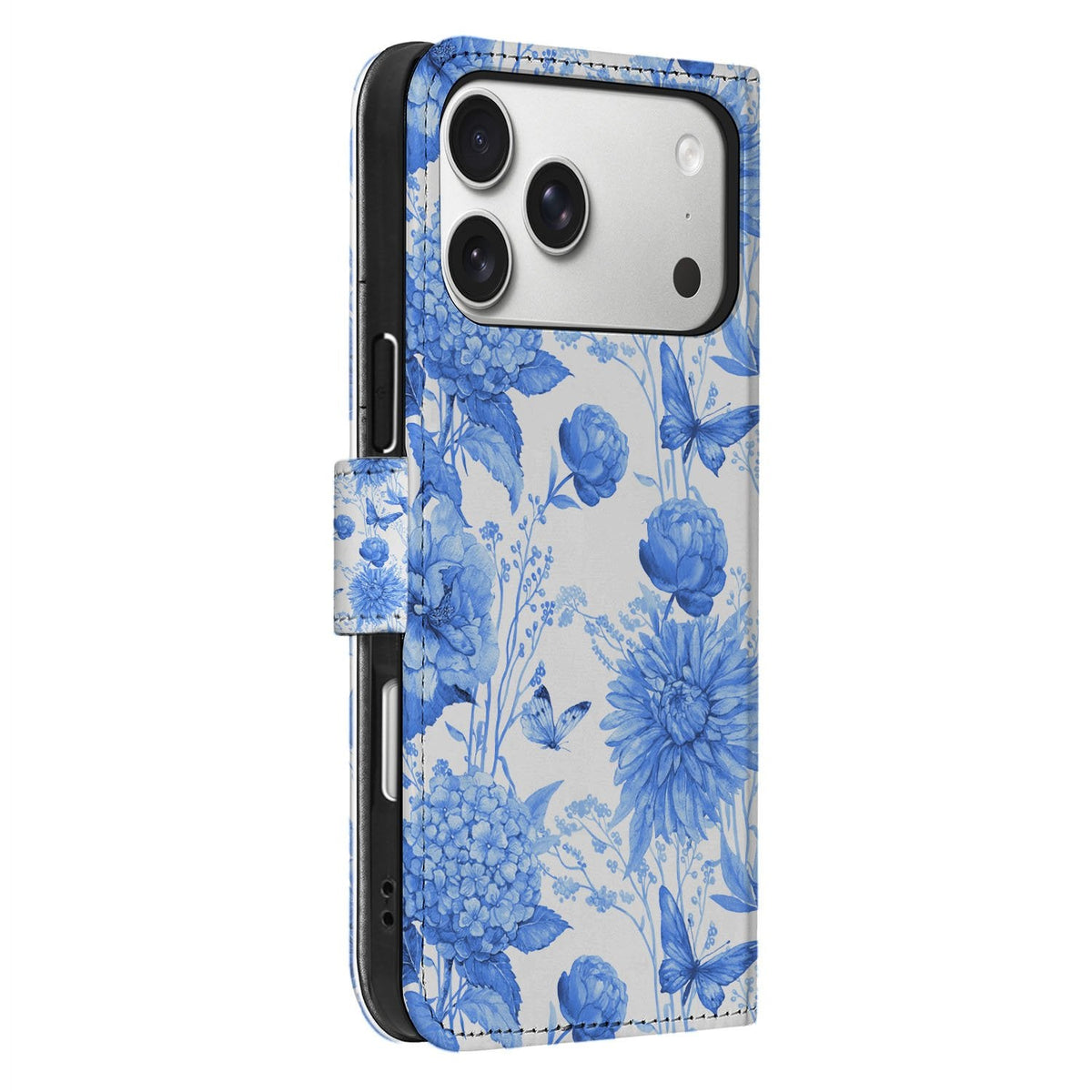 Schuin zijaanzicht van de iPhone 18 Pro Max in het Flowers Blue hoesje, print loopt over de rug