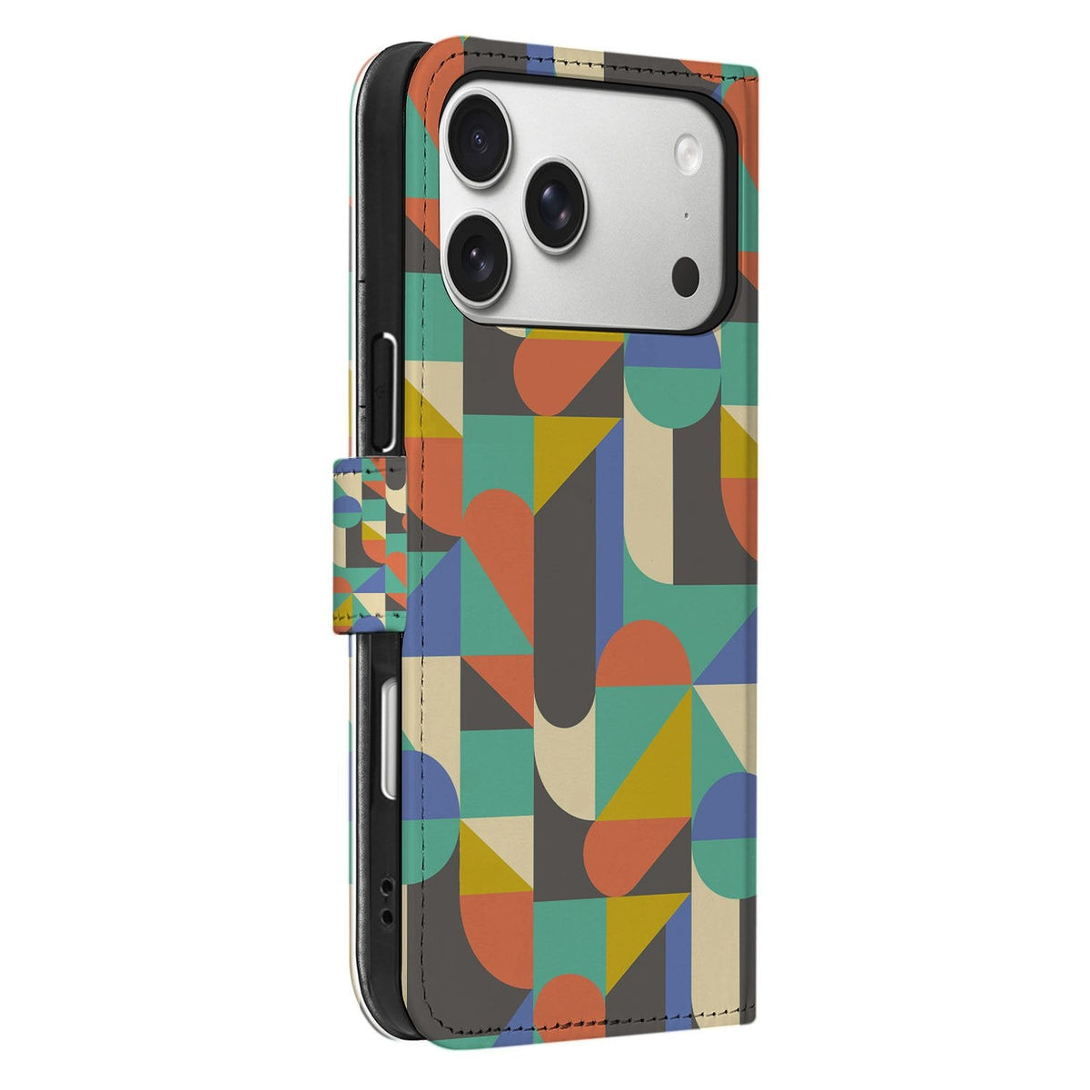 Funky Retro hoesje voor iPhone 18 Pro Max in zijaanzicht, met sluitlip en stiknaden