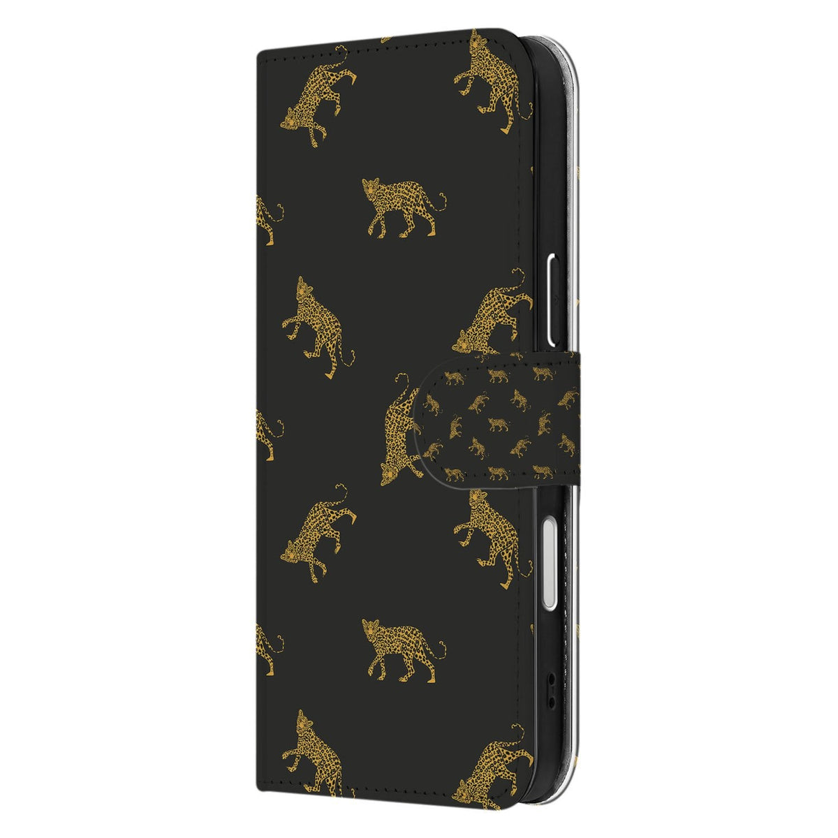 Zijkant van de Leopards bookcase om een iPhone 18 Pro Max, met zicht op de knoppen