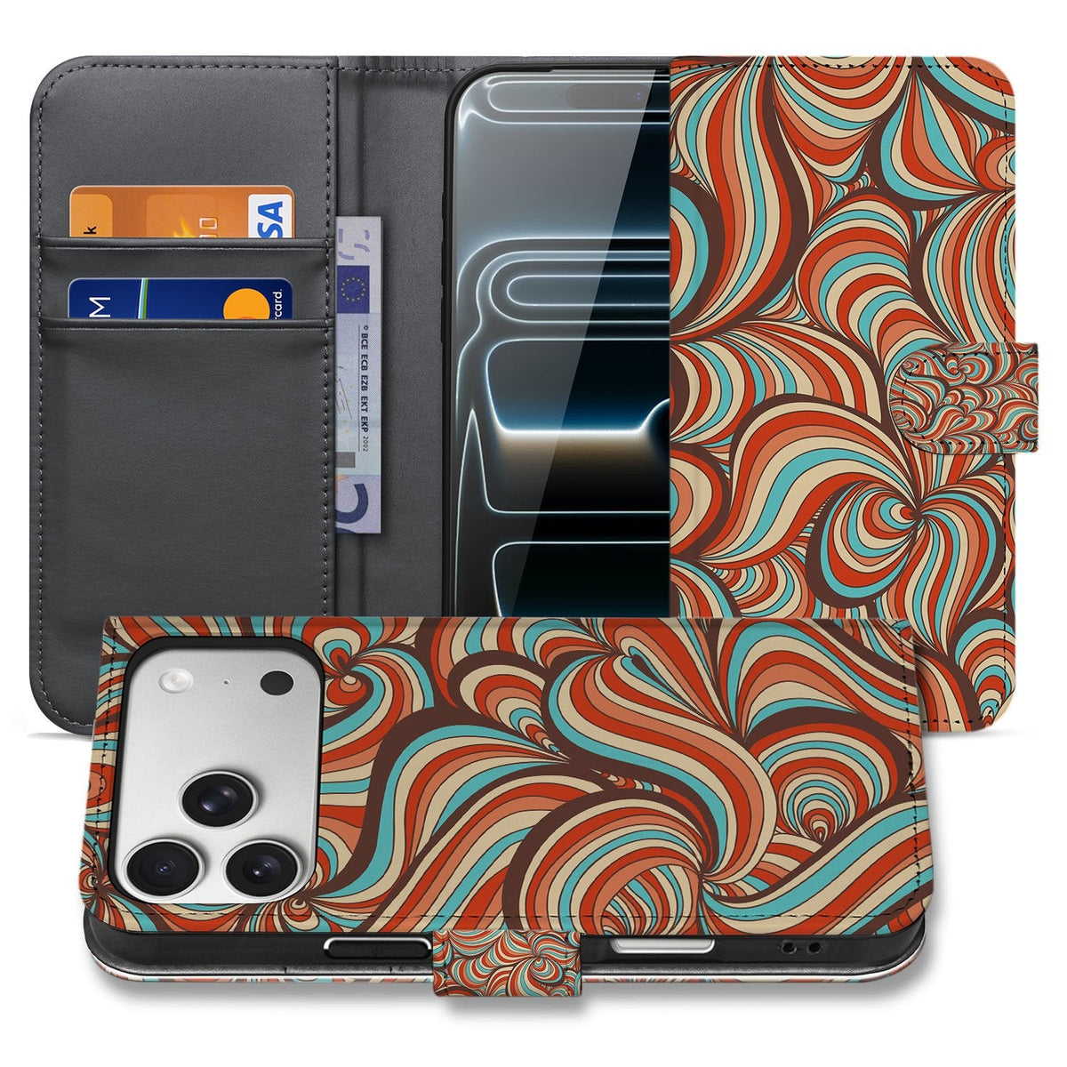 Retro-hoesje met pasjes voor de iPhone 18 Pro Max, afgebeeld in open en in gesloten toestand