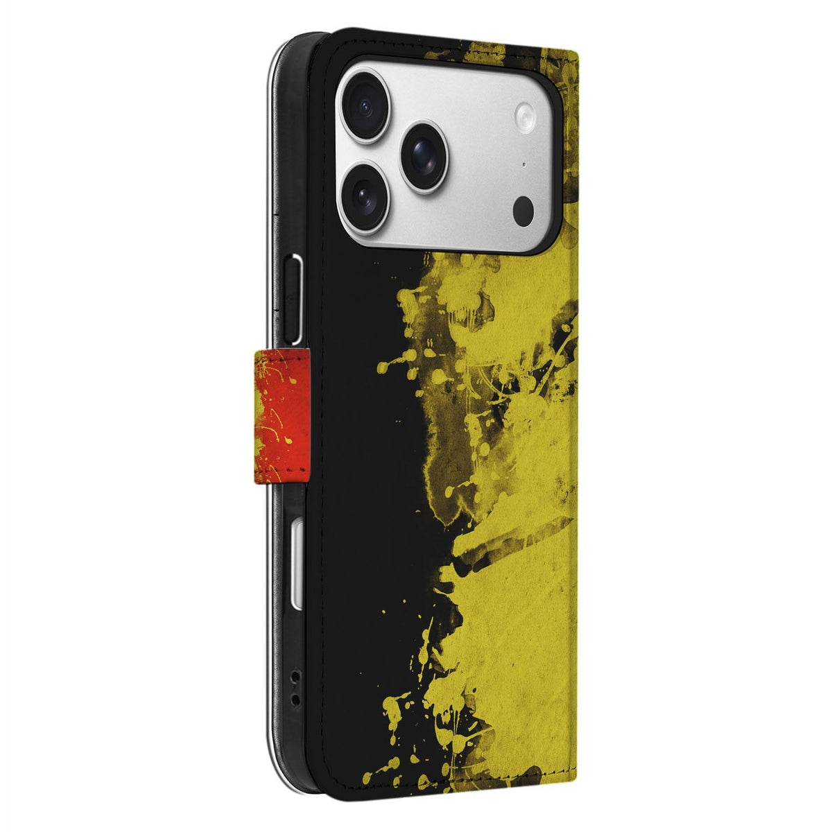 Zijaanzicht van het hoesje België voor iPhone 18 Pro Max, driekleur zichtbaar op de rug