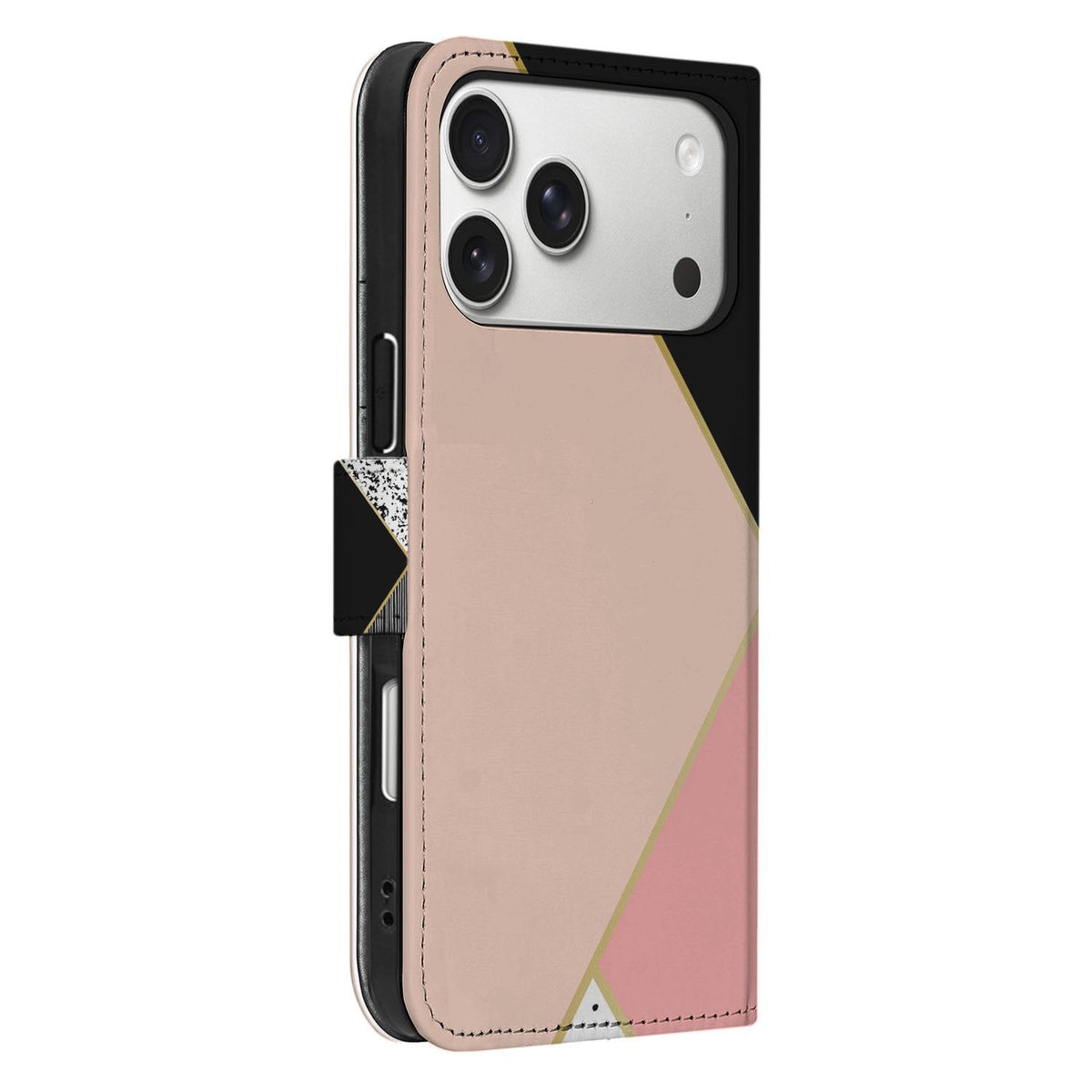 Black Pink Shapes wallet hoesje voor iPhone 18 Pro Max in zijaanzicht, flap dicht met magneet