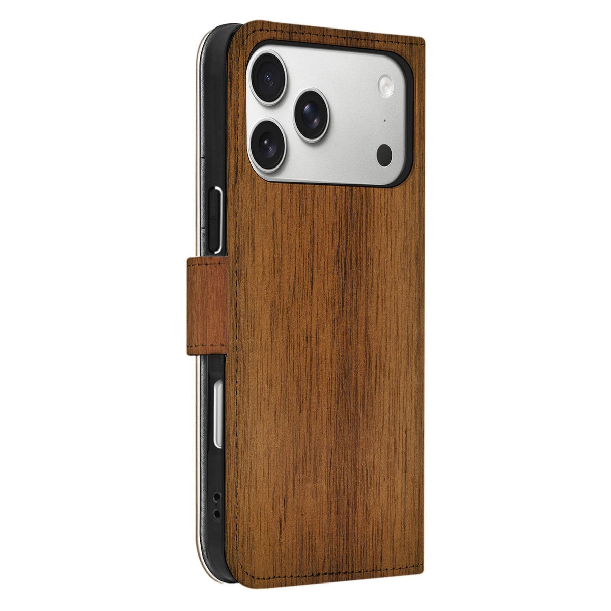 Zijaanzicht van de iPhone 18 Pro Max in het Donker Hout hoesje met sluitlip en knoppen