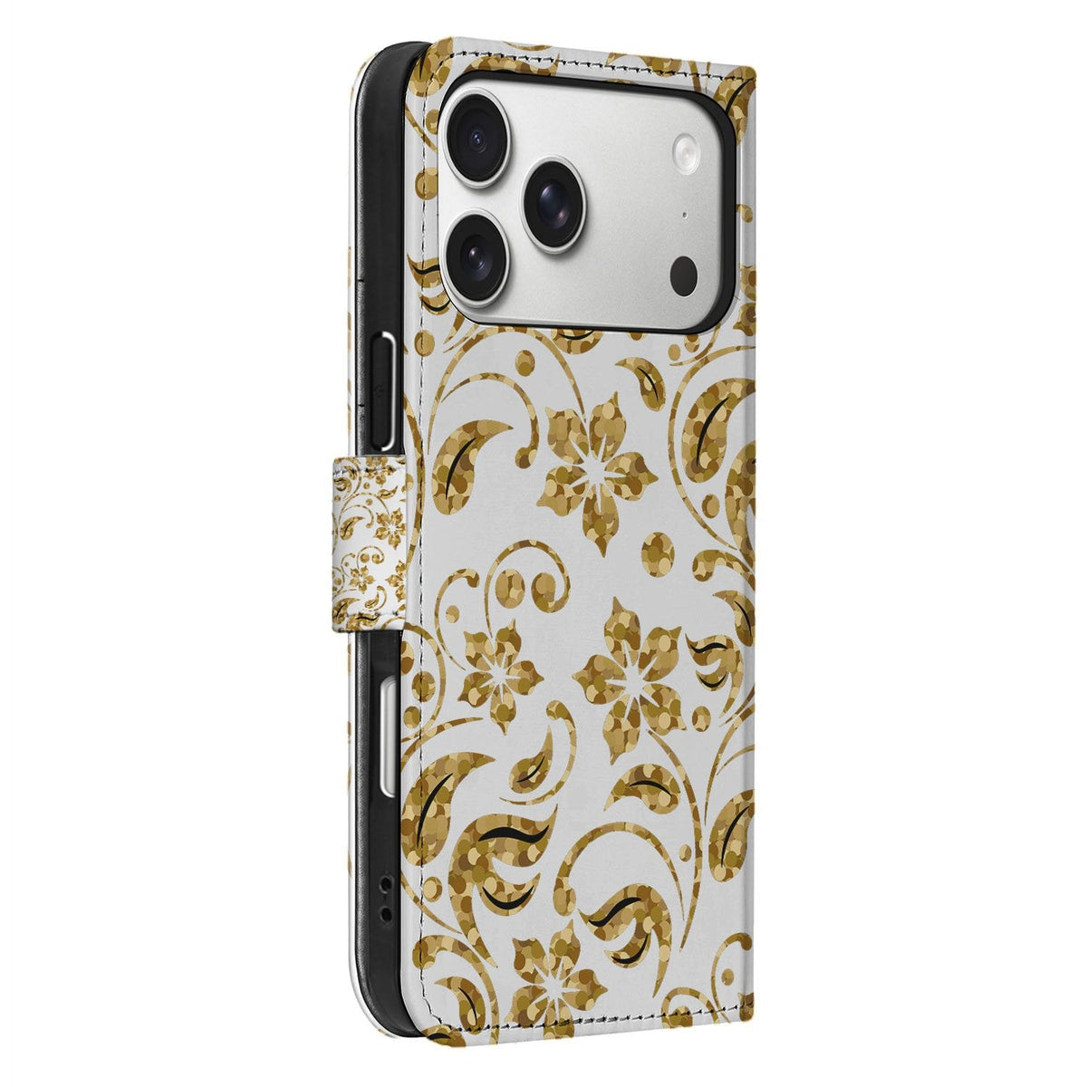 Zijaanzicht van de iPhone 18 Pro Max in hoesje Gouden Bloemen met knoppen en sluitlip in beeld