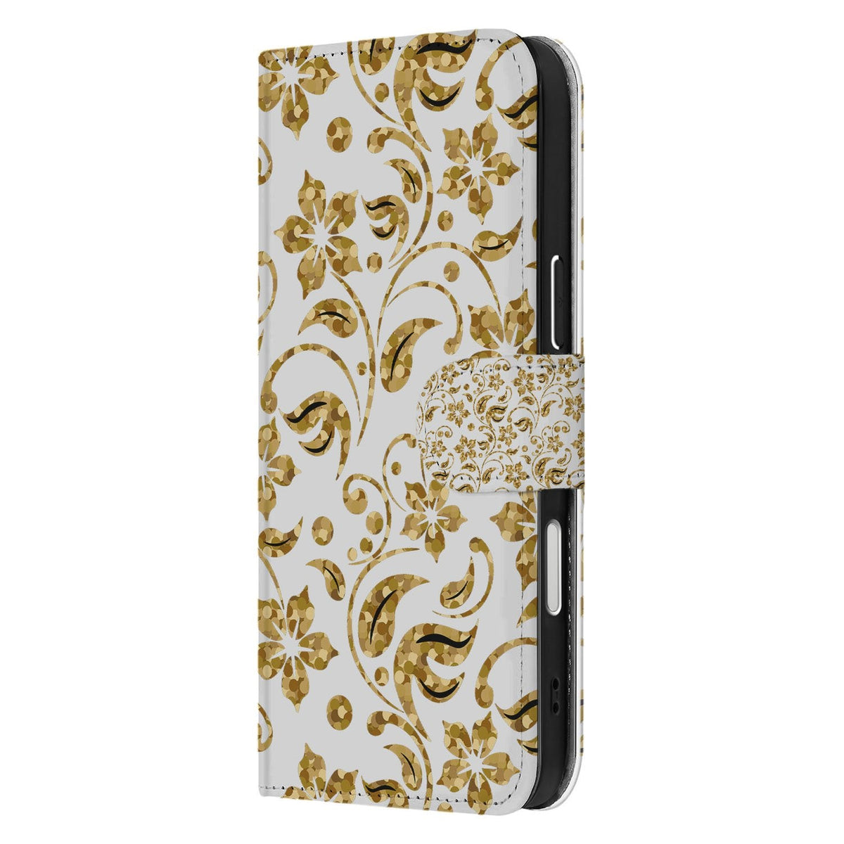 iPhone 18 Pro Max hoesje Gouden Bloemen vanaf de zijkant, met rug van bedrukt kunstleer