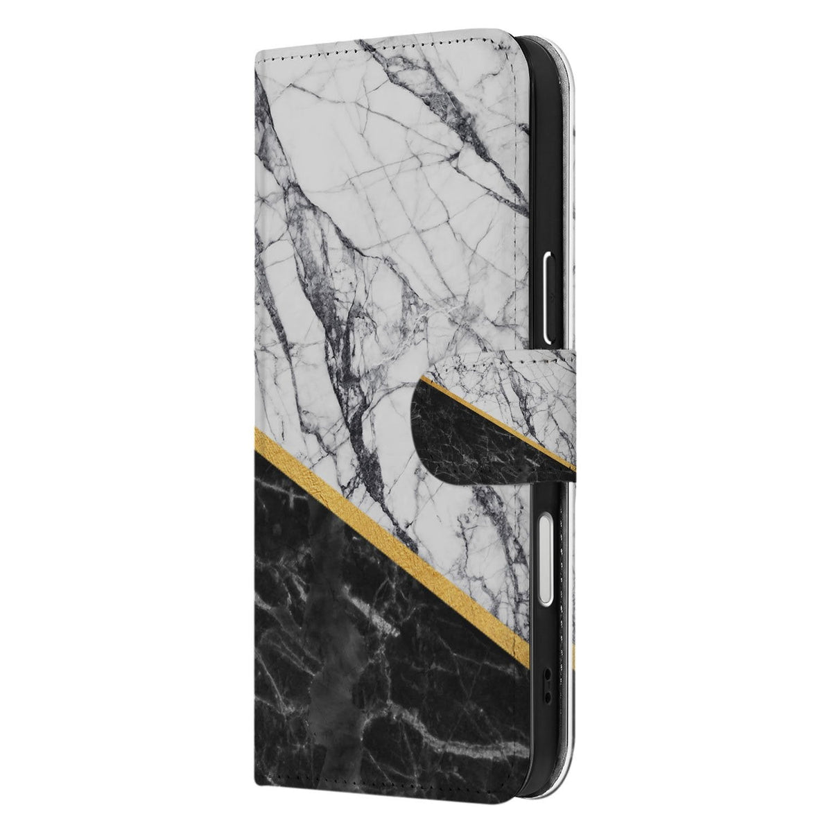 Zijkant met stiknaden van het Marble White Black hoesje rond een iPhone 18 Pro Max