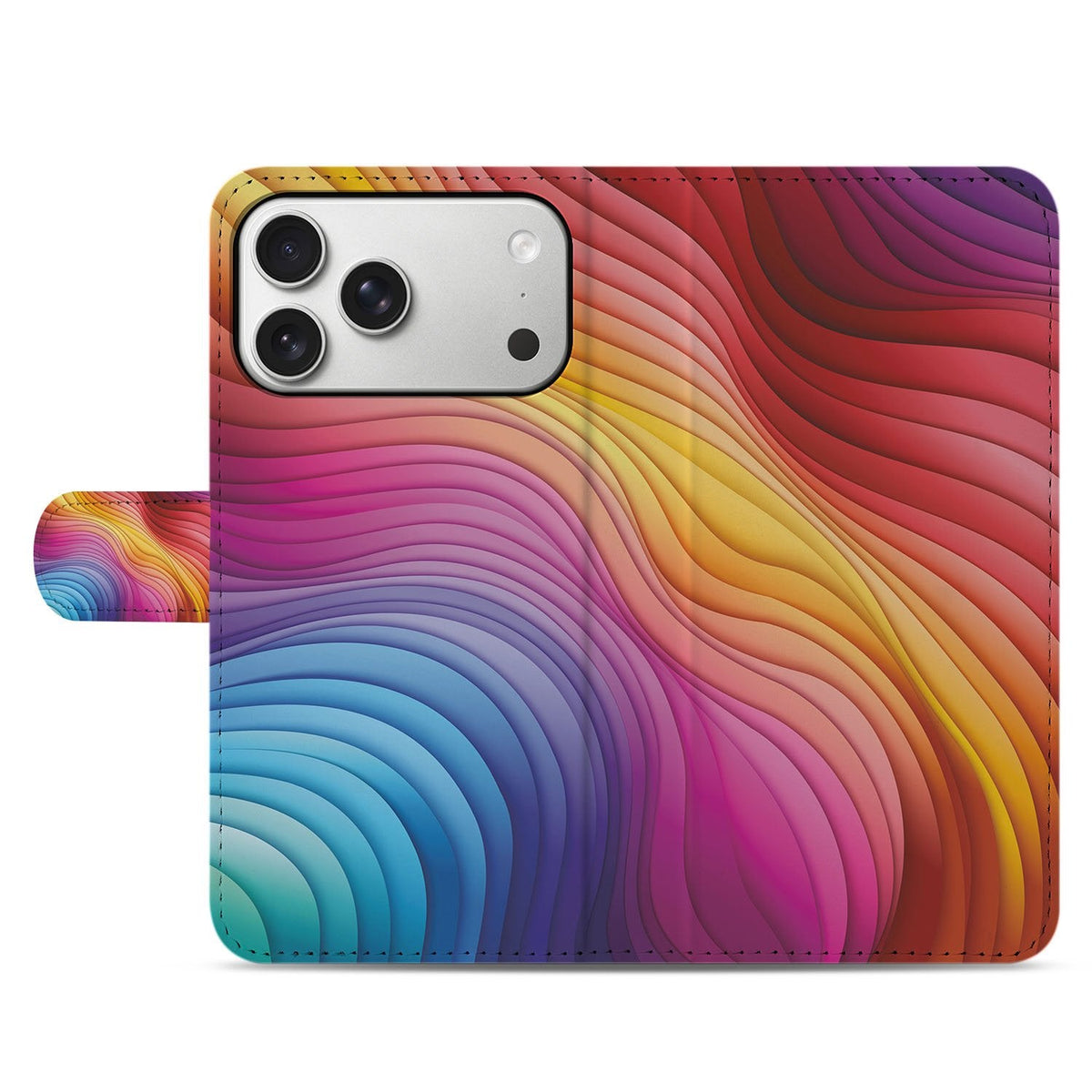 De gesloten voorflap van het iPhone 18 Pro Max hoesje met Regenboog-print in rood en oranje
