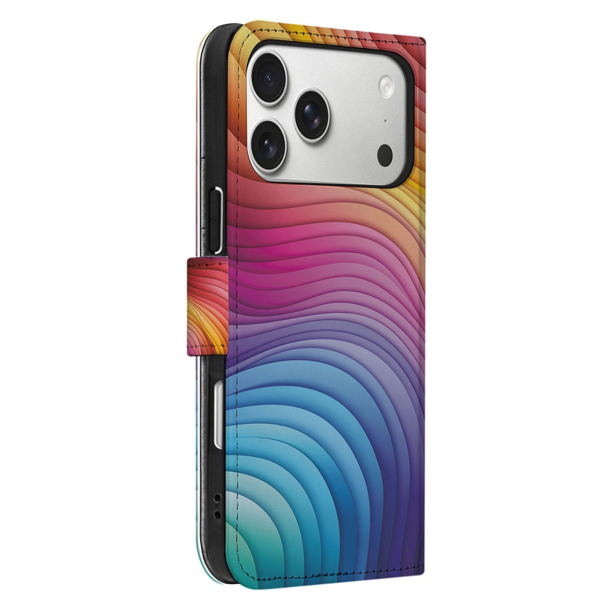 Van opzij bekeken: Regenboog-print die doorloopt over de rug van het iPhone 18 Pro Max hoesje