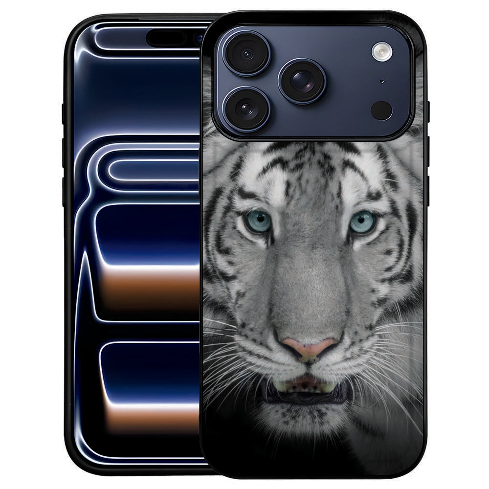 Tijger iPhone 18 Pro Max telefoonhoesje, achterkant met tijgerkop in zwart en grijs op kunstleer
