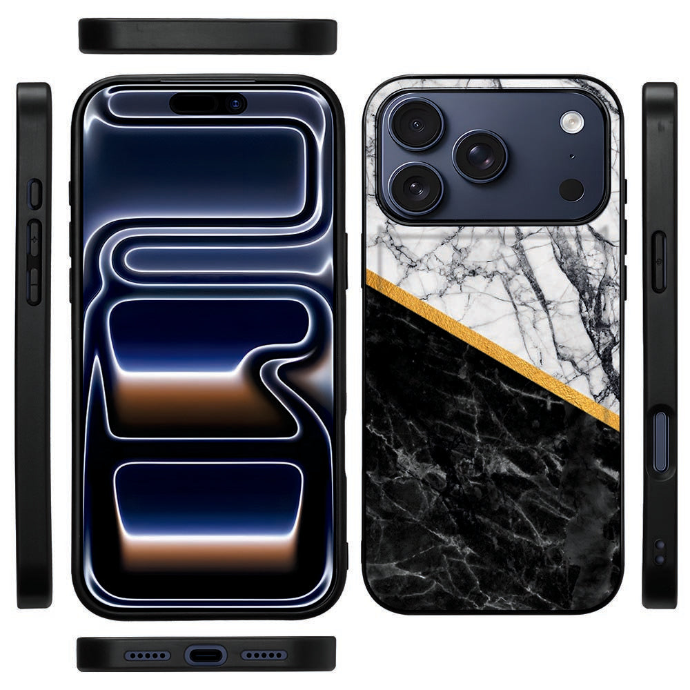 Zijaanzicht Marble White Black hoesje iPhone 18 Pro Max met zwarte TPU-rand langs de knoppen