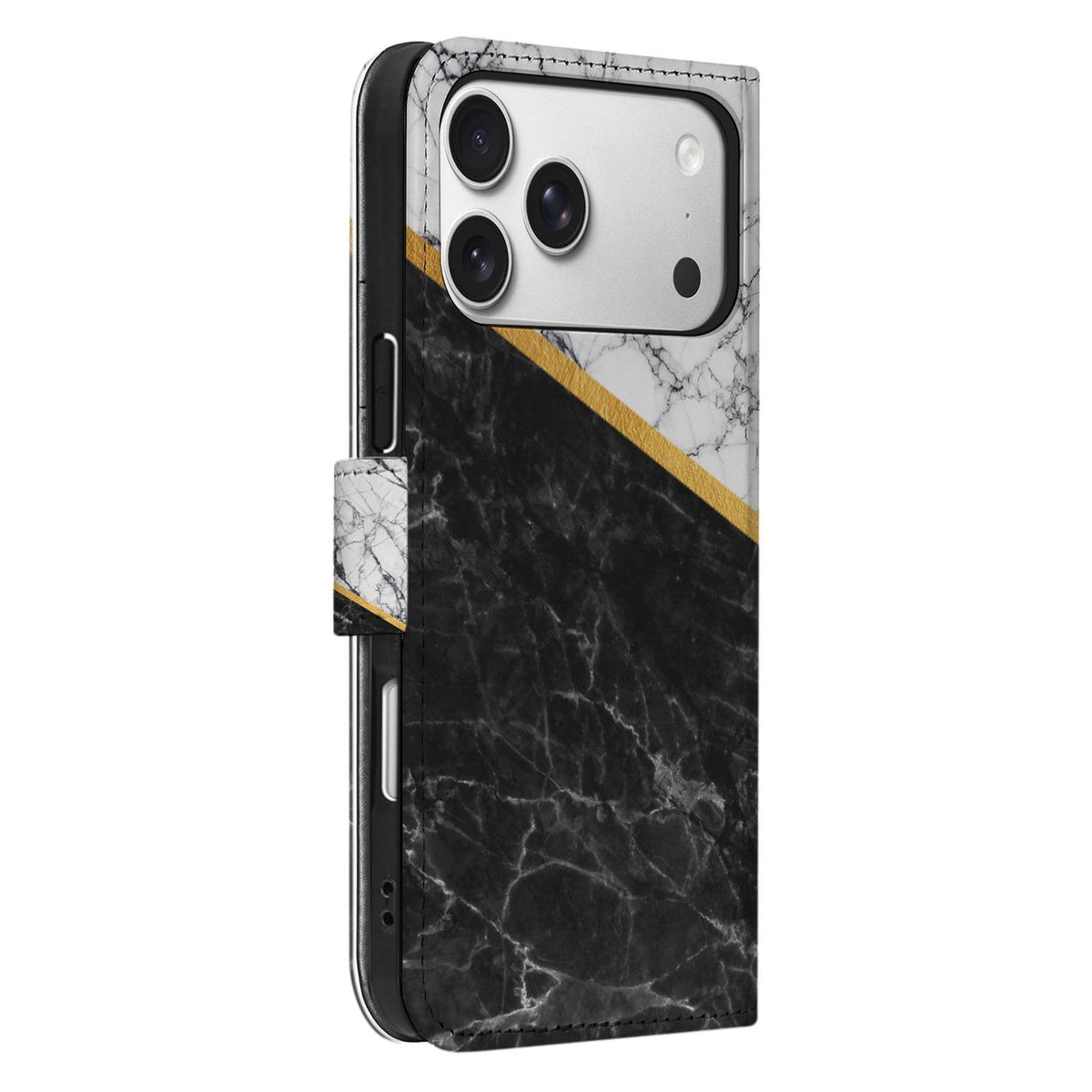 iPhone 18 Pro Max in Marble White Black kunstleer, zijaanzicht met rug en magneetsluiting