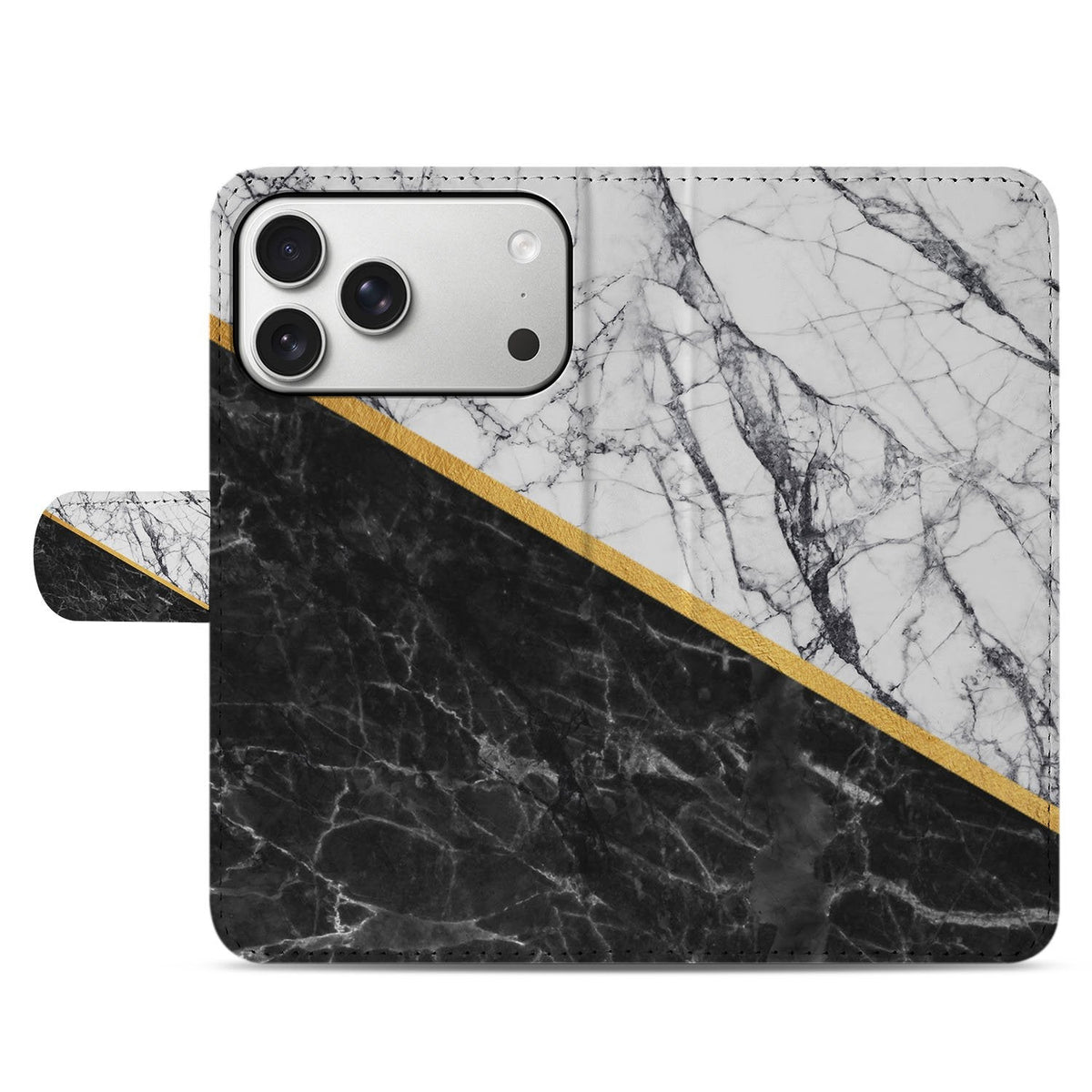 Dichtgeklapt iPhone 18 Pro Max hoesje Marble White Black met marmerprint en gouden lijn