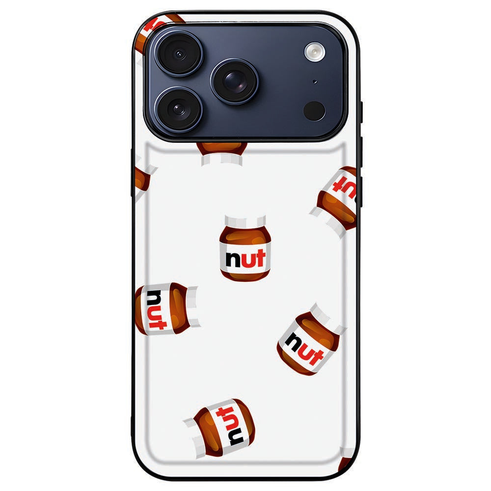 iPhone 18 Pro Max met het Nut Jar hoesje om, notenpot op zwart in een zwart kader