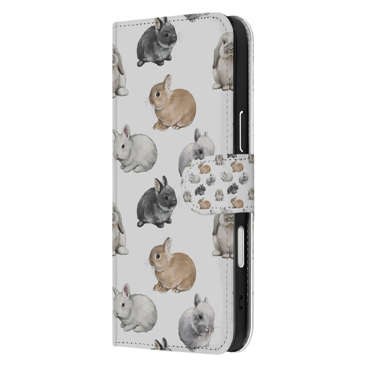 Konijntjes-print die doorloopt over de rug, gezien vanaf de zijkant van de iPhone 18 Pro Max