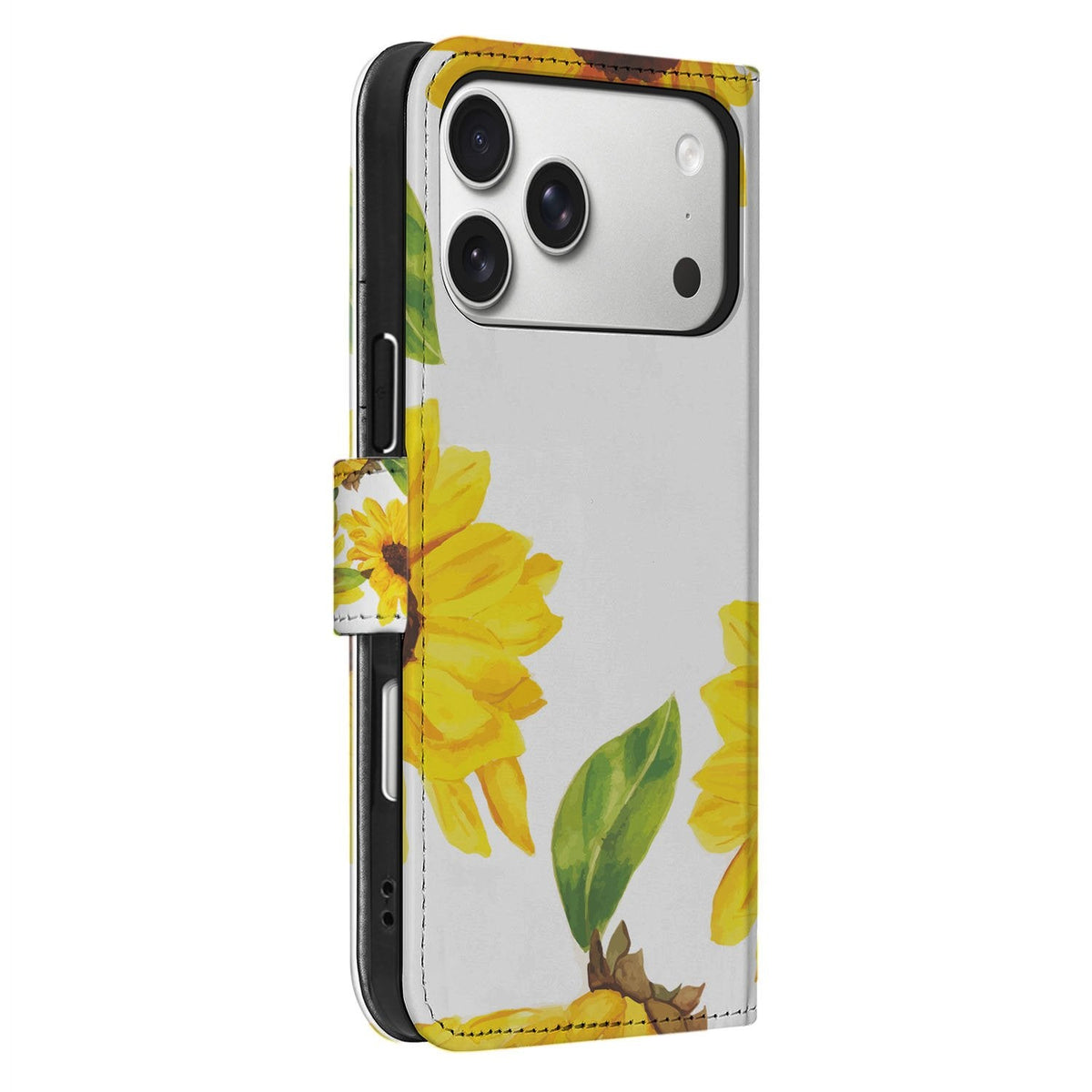 Het Zonnebloemen hoesje om de iPhone 18 Pro Max van opzij, met zicht op knoppen en sluiting