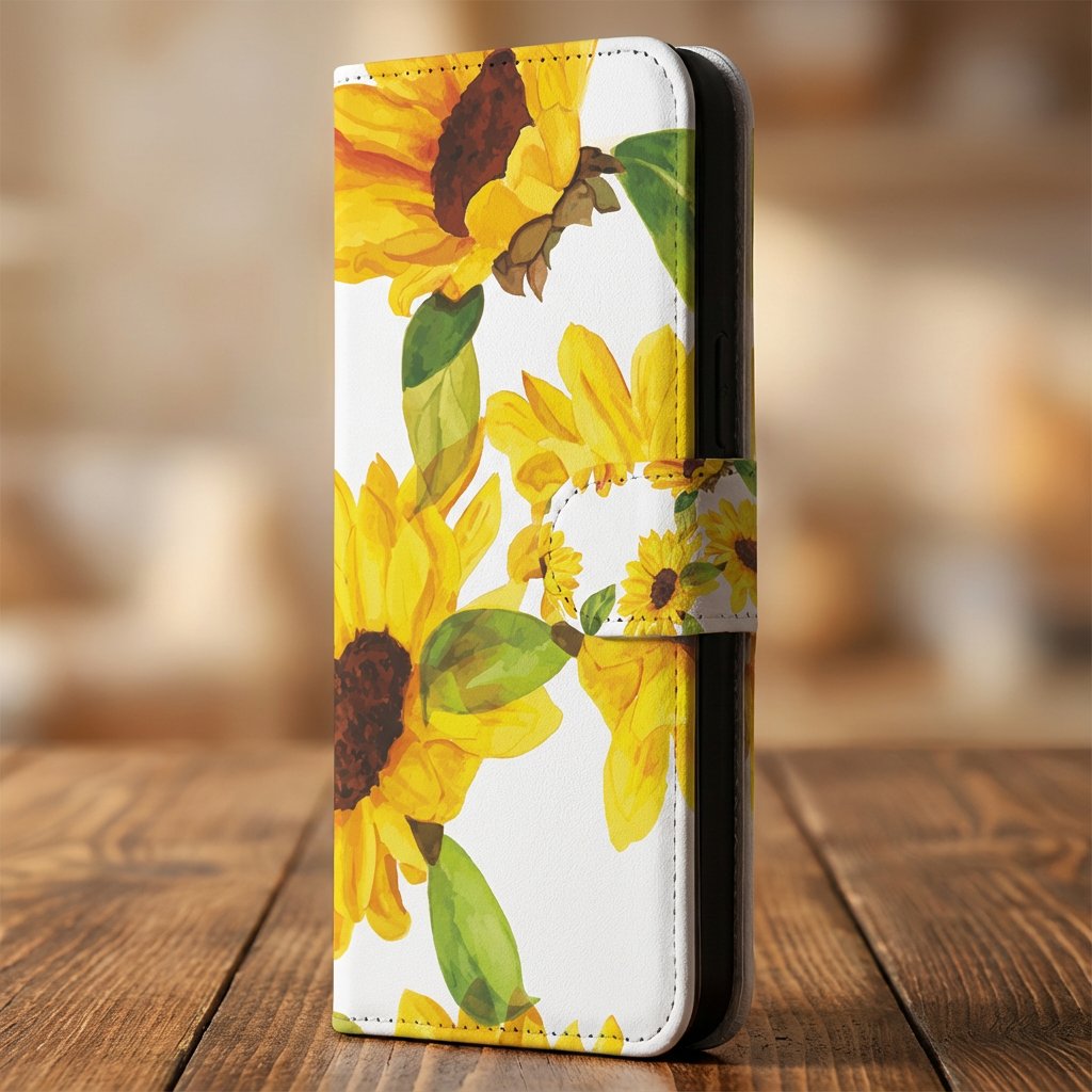 Close-up van het Zonnebloemen-design in geel, groen en wit op de iPhone 18 Pro Max hoes
