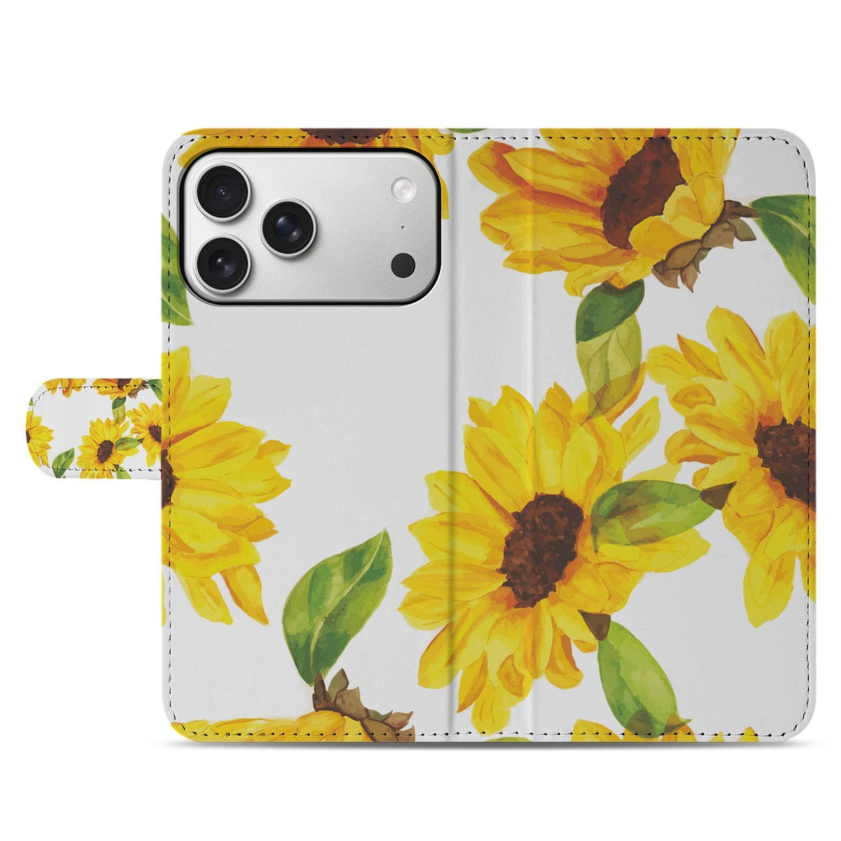 Voorflap met gele Zonnebloemen op het dichtgeklapte hoesje van de iPhone 18 Pro Max