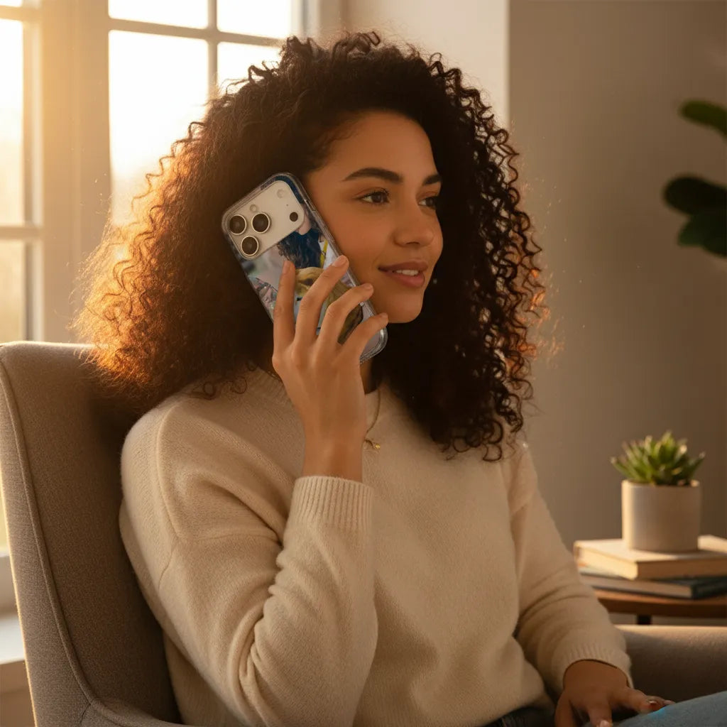 Apple iPhone 17 Pro Max TPU Hoesje Ontwerpen met Foto Voorzijde vrouw met telefoon.