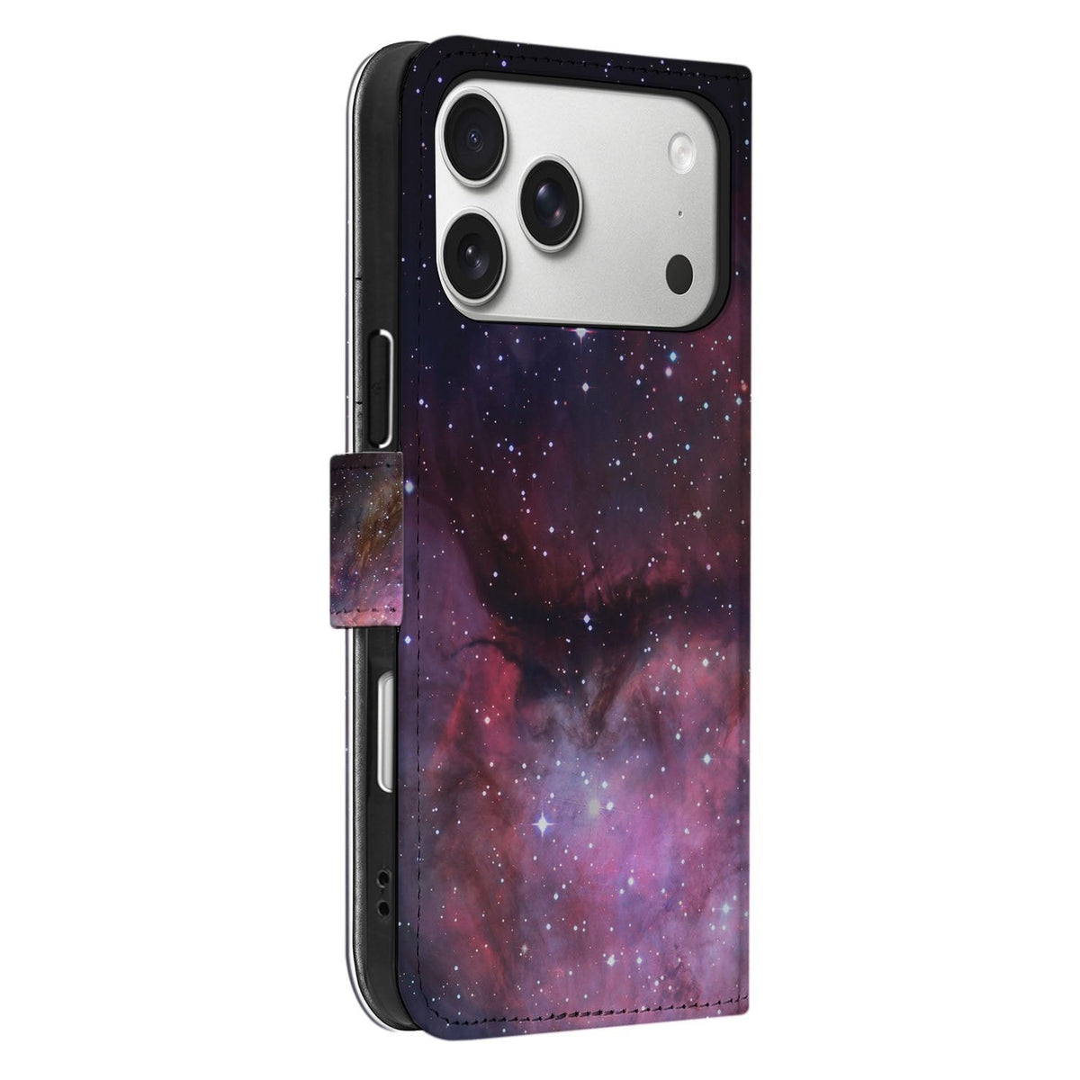 Zijaanzicht: de Galaxy-print loopt door over de rug van het iPhone 18 Pro Max hoesje