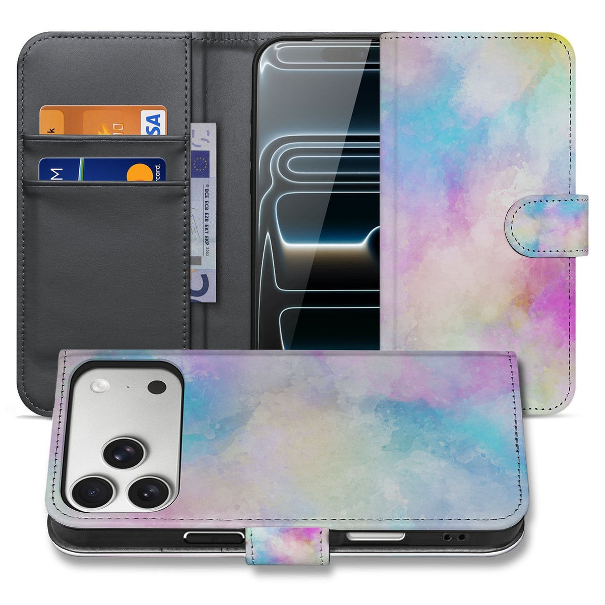 Watercolor Light hoesje iPhone 18 Pro Max, links opengeklapt en rechts gesloten in beeld