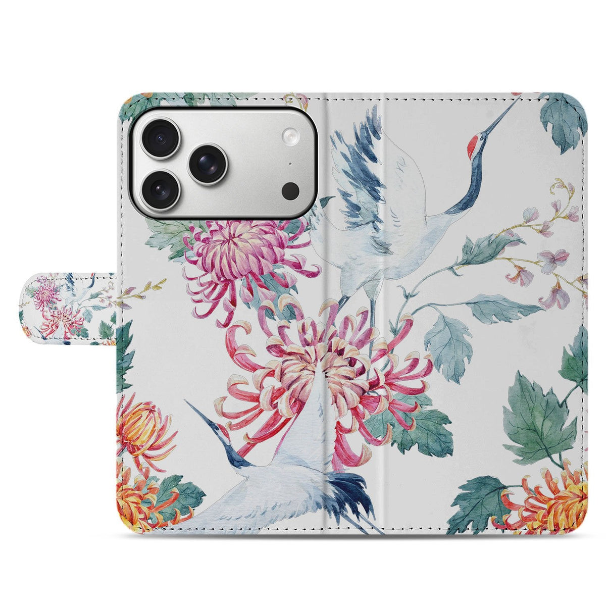 Voorkant van de gesloten Bird Flowers bookcase voor iPhone 18 Pro met vogels en bloemen