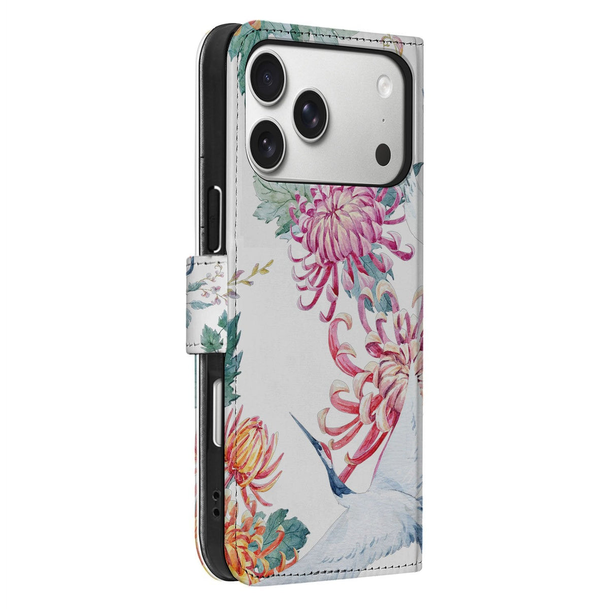 Zijaanzicht van de iPhone 18 Pro bookcase Bird Flowers met TPU-houder en klep