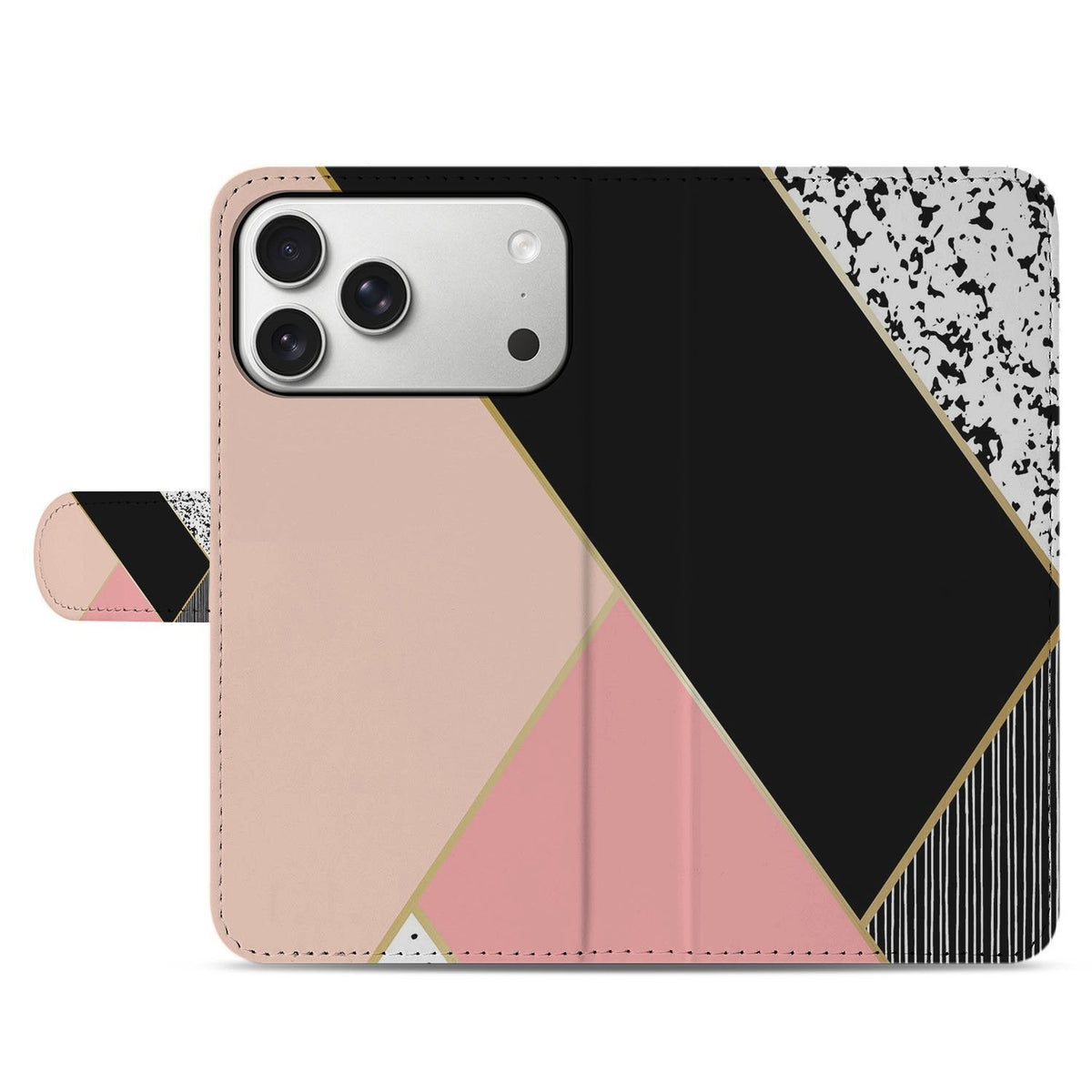 Voorkant gesloten van het Black Pink Shapes bookcase voor de iPhone 18 Pro