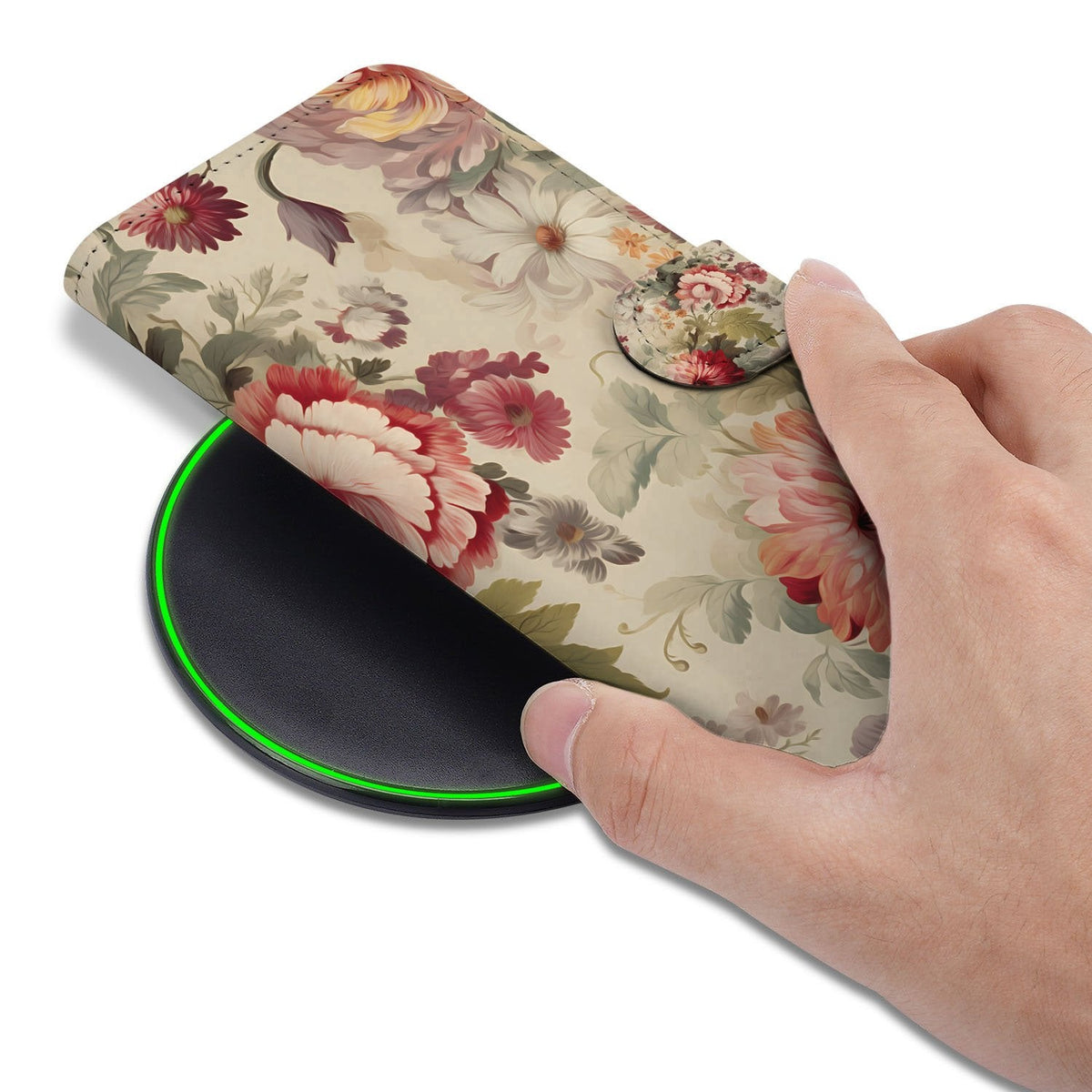 Bloemen portemonnee hoesje om een iPhone 18 Pro, vastgehouden in de hand