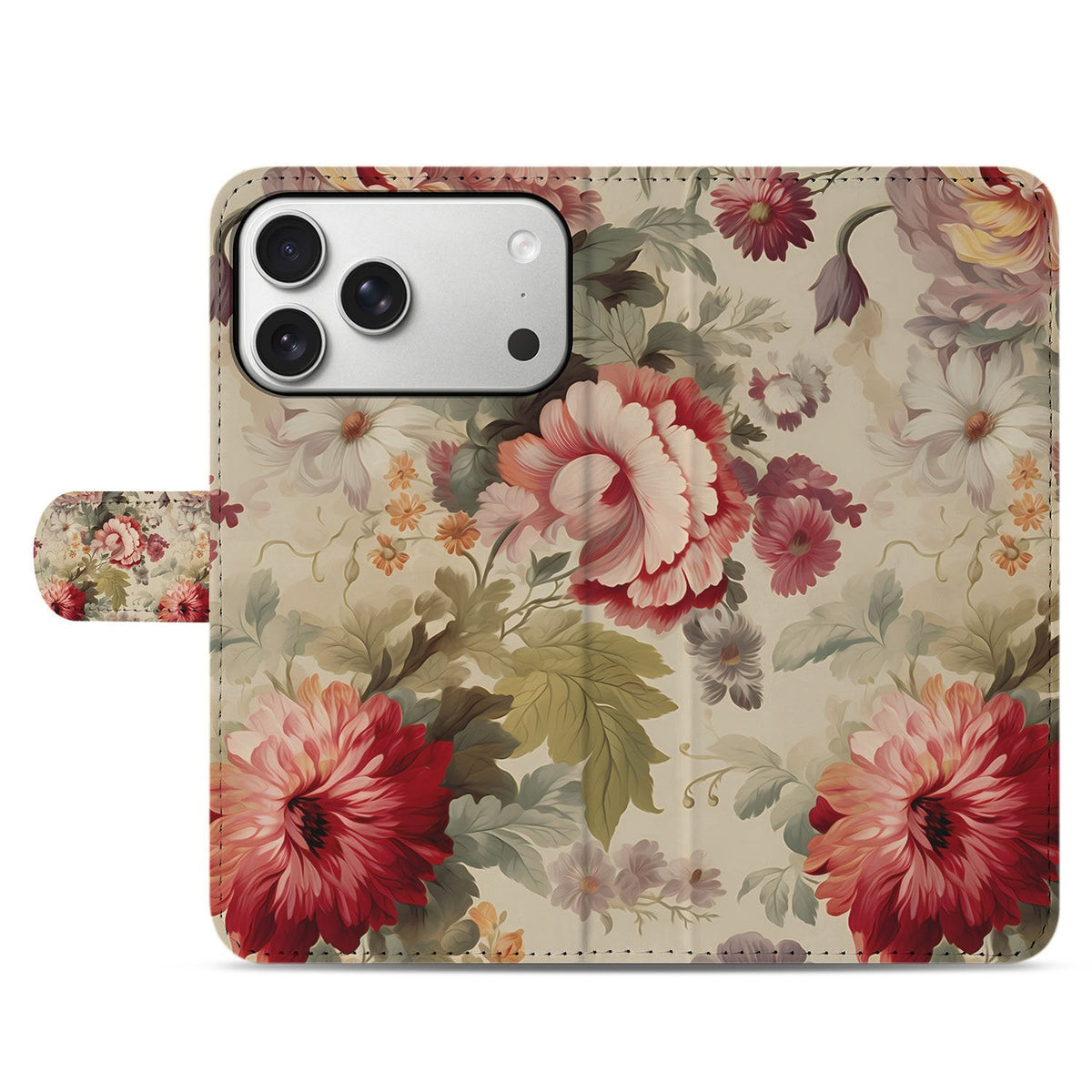Voorkant van het gesloten iPhone 18 Pro portemonnee hoesje met meerkleurige Bloemen print