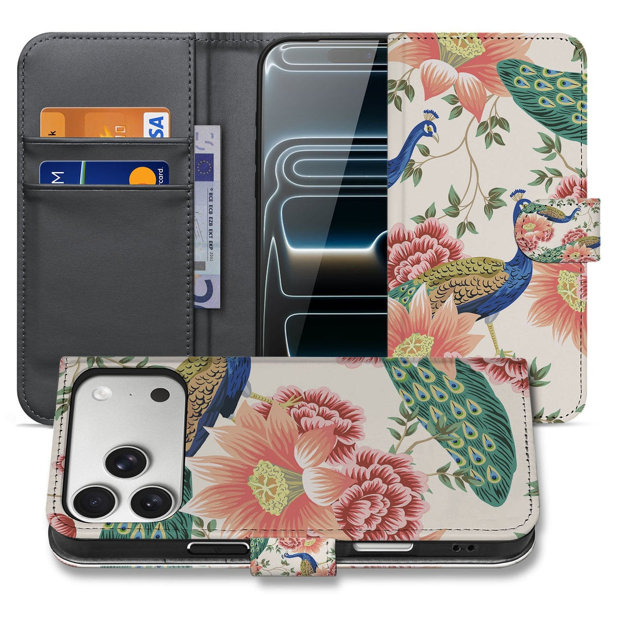 Pink Peacock portemonnee hoesje iPhone 18 Pro, geopend en gesloten naast elkaar