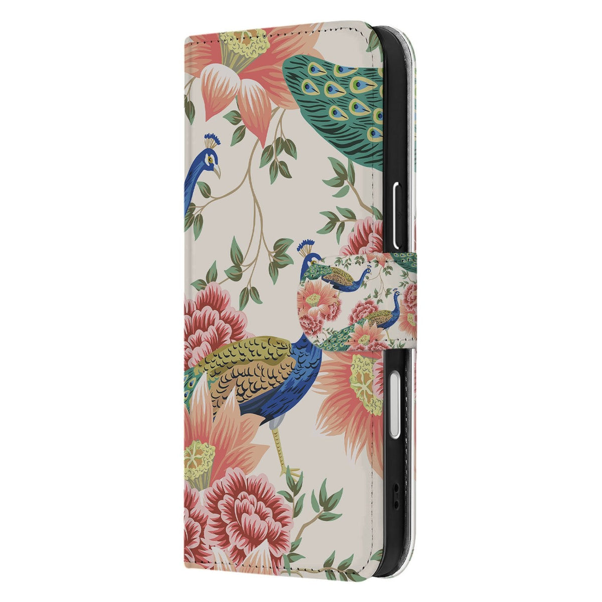 Zijkant van het iPhone 18 Pro portemonnee hoesje Pink Peacock met sluitlip