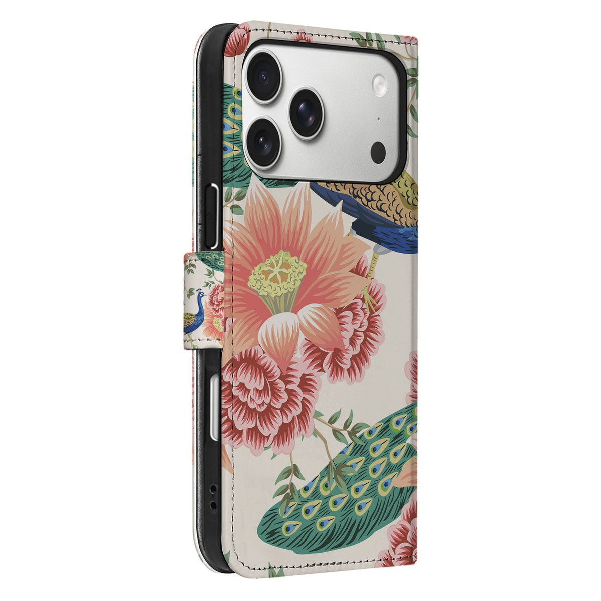 Zijaanzicht van het Pink Peacock portemonnee hoesje voor iPhone 18 Pro