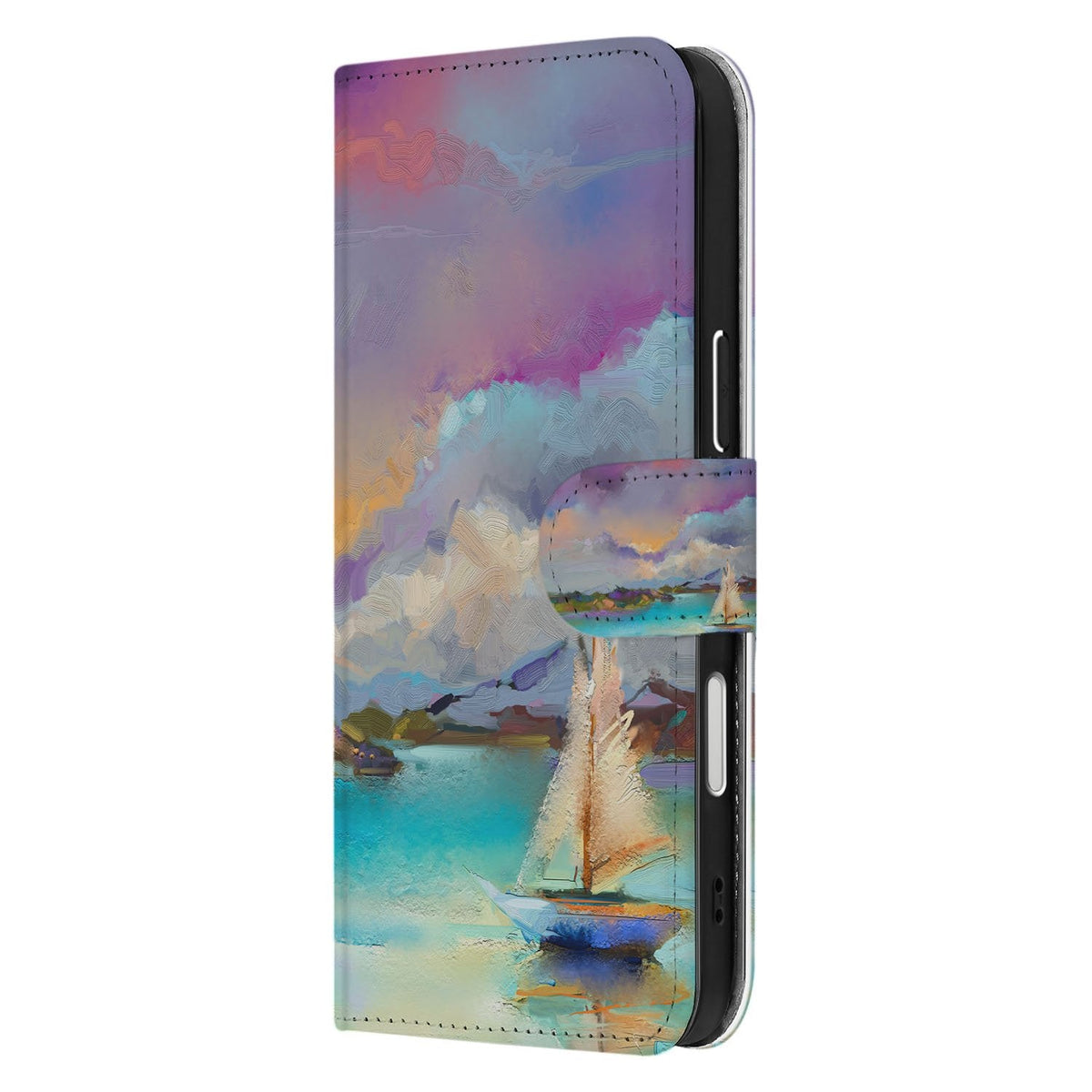 Zijkant van de Boat bookcase voor iPhone 18 Pro met sluitlip en knoppen