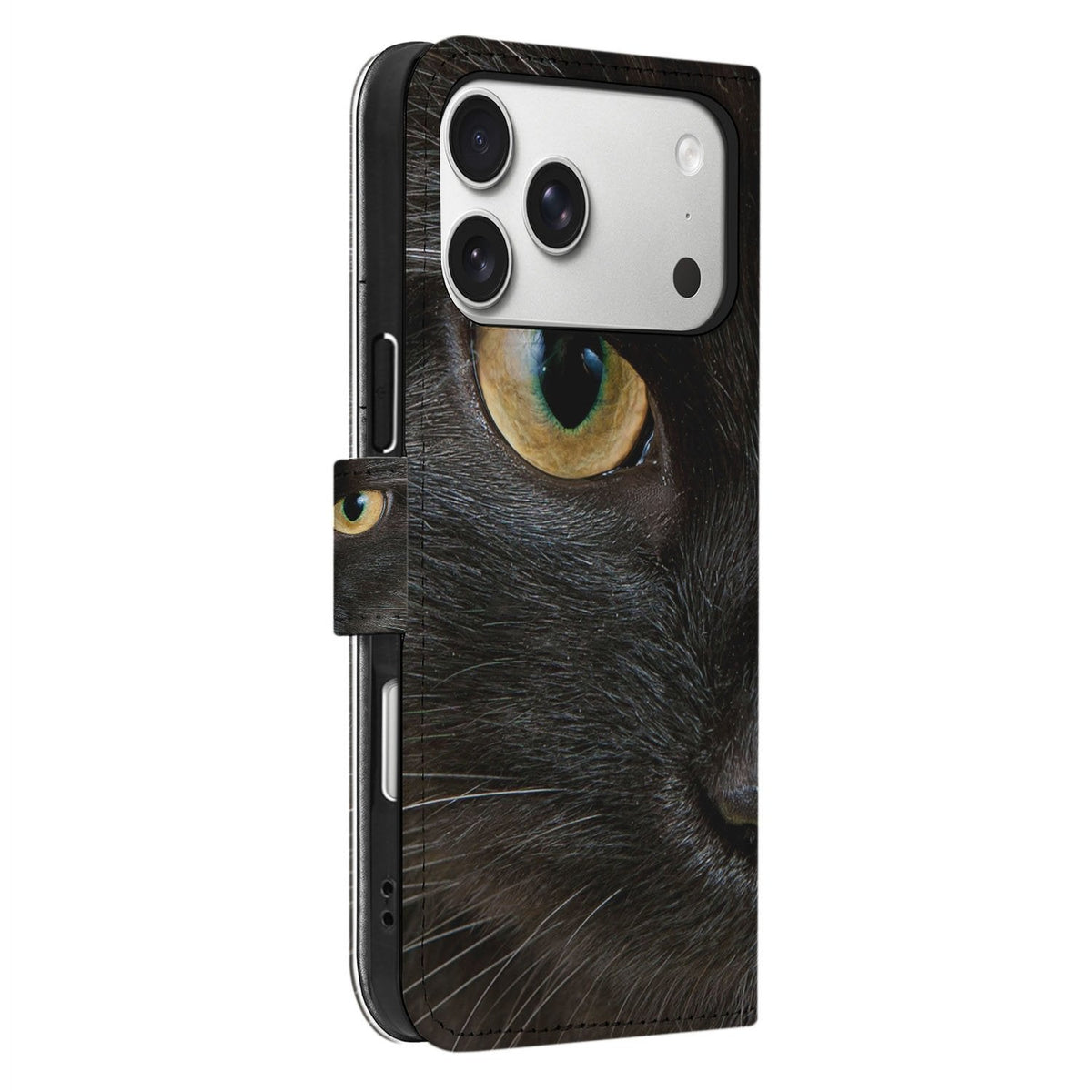 Zijaanzicht van het Zwarte Kat portemonnee hoesje voor iPhone 18 Pro met rug en TPU-houder