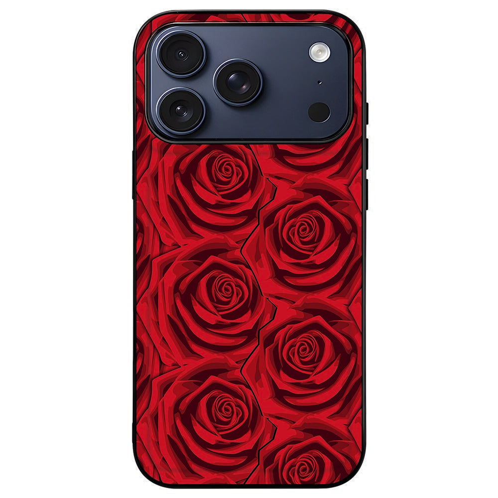 iPhone 18 Pro in het Red Roses hoesje, rozen omsloten door de donkere rand