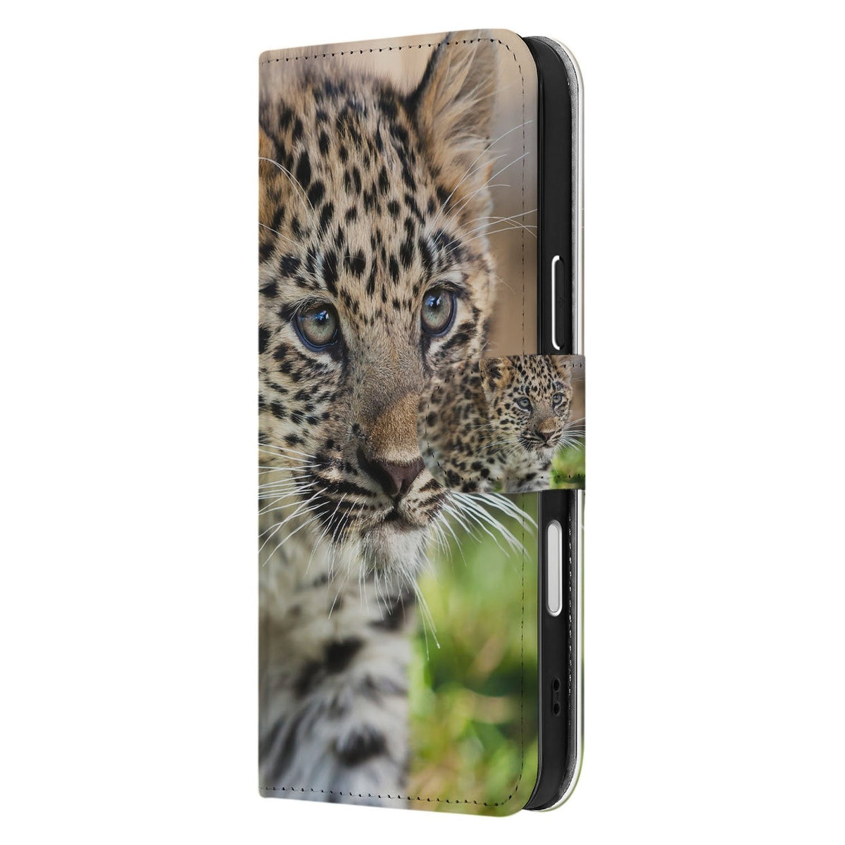 Zijkant van de iPhone 18 Pro bookcase Baby Luipaard met sluitlip en stiknaden