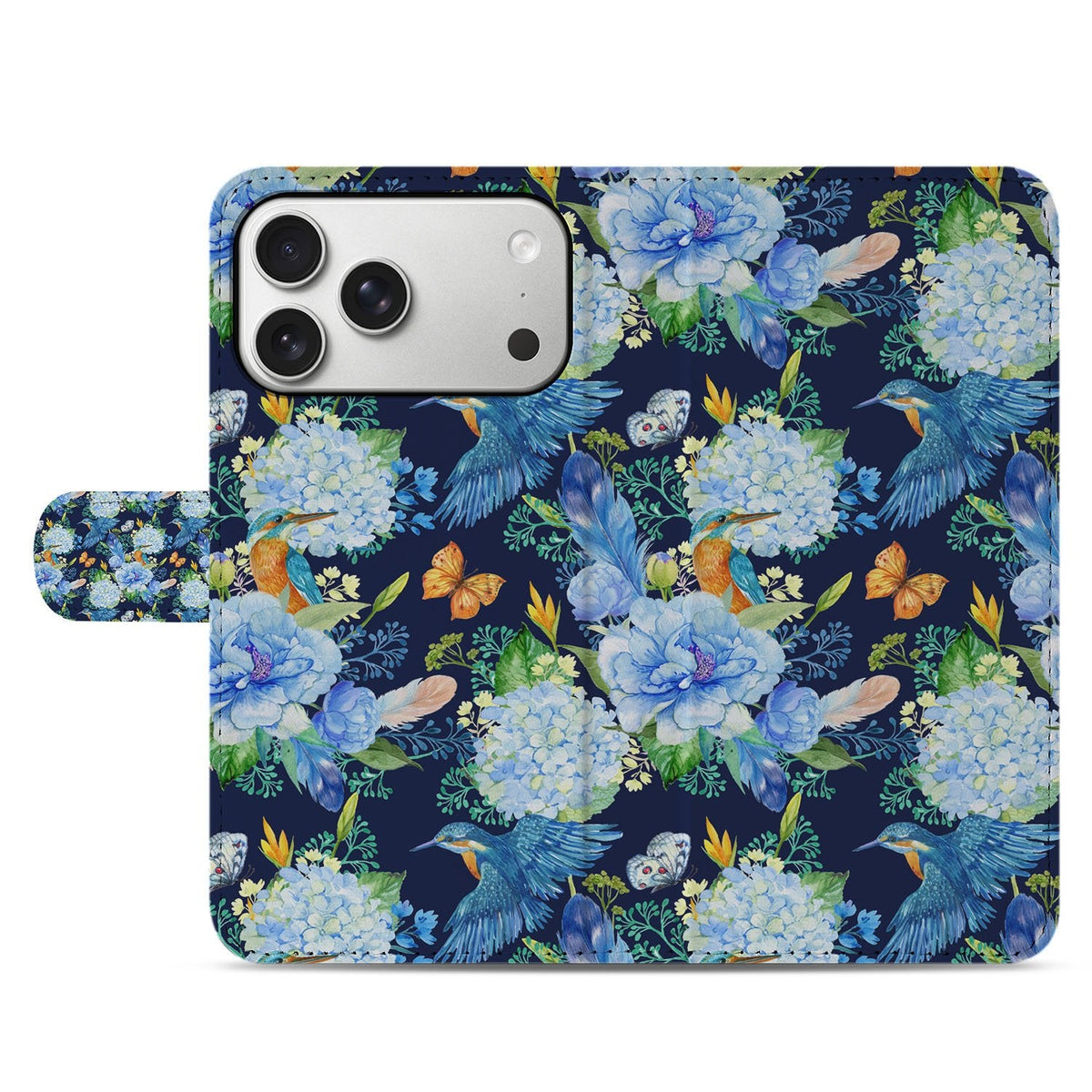 Gesloten voorkant van het IJsvogel wallet hoesje voor de iPhone 18 Pro